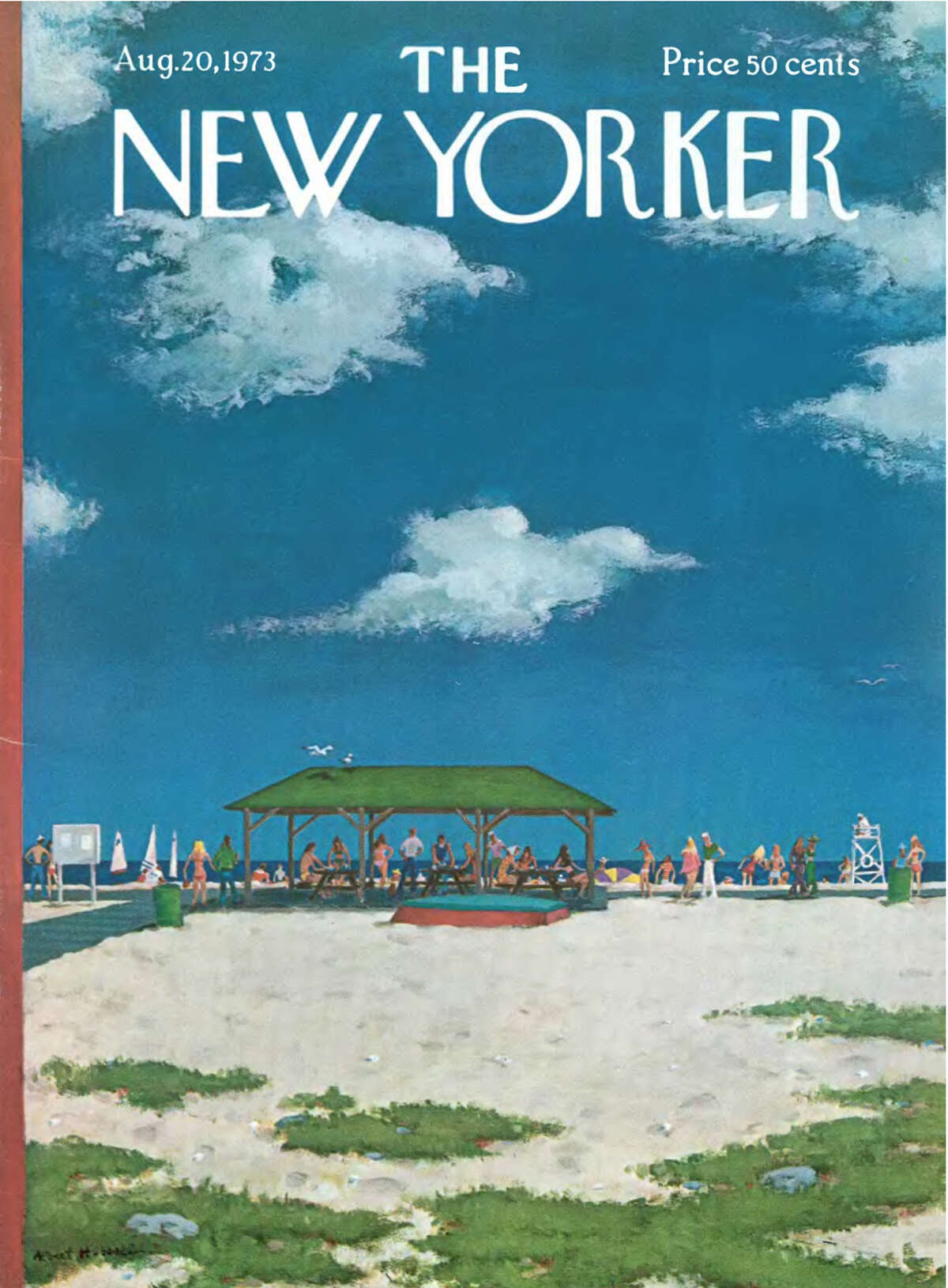 Albert Hubbell's cover of the New Yorker, August 1973, features Westport's Compo Beach. An exhibit of magazine covers at the Westport Historical Society has been extended through July 5.