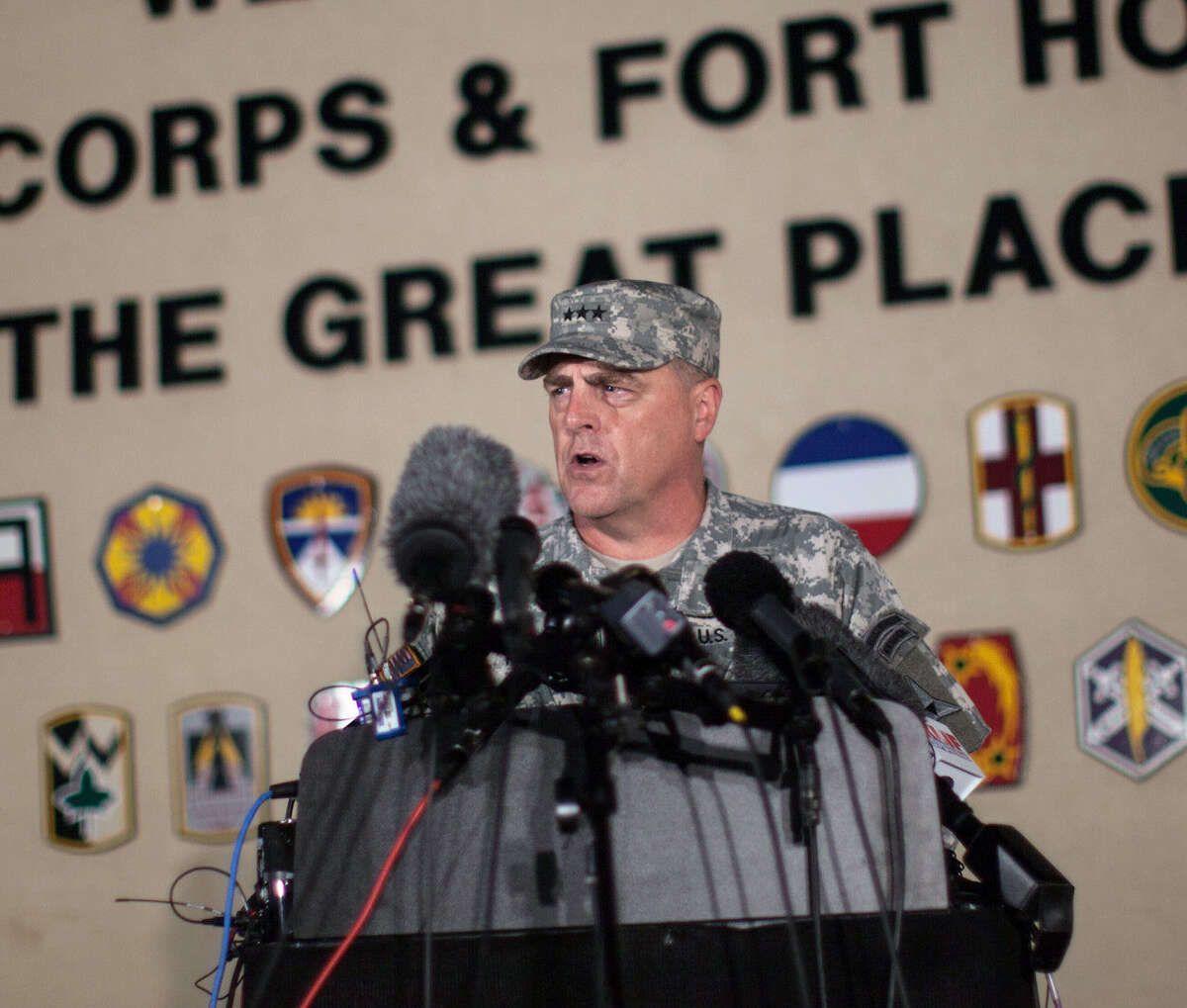 Lt. Gen. Mark Milley, commanding general of III Corps and Fort Hood, speaks with the media after a fatal shooting  Wednesday.