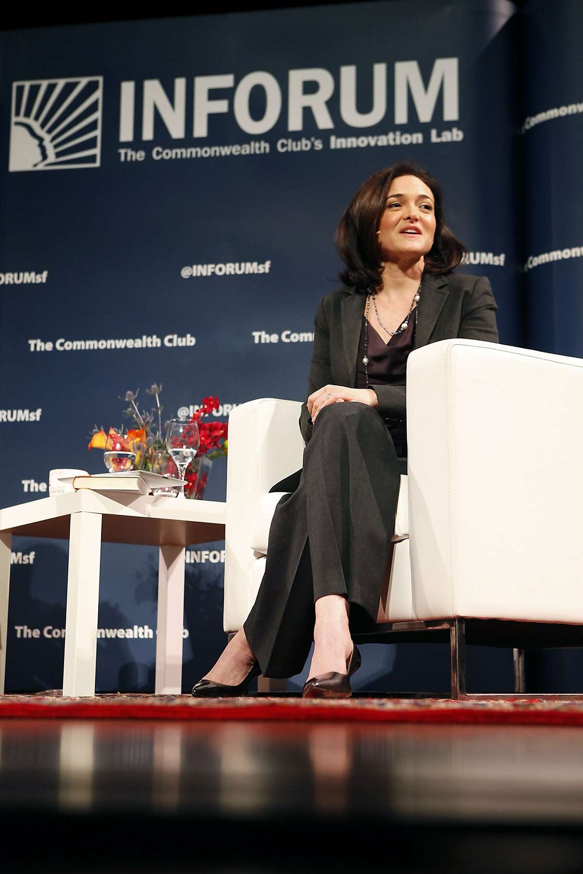 Sheryl Sandberg, right Facebook COO, answers a question from the crowd while interviewing Arianna Huffington, President and Editor-in-Chief of the Huffington Post Media Group, during a Commonwealth Club held forum entitled Redefining Success, at Davies Symphony Hall in San Francisco, CA, Thursday March 27, 2014.