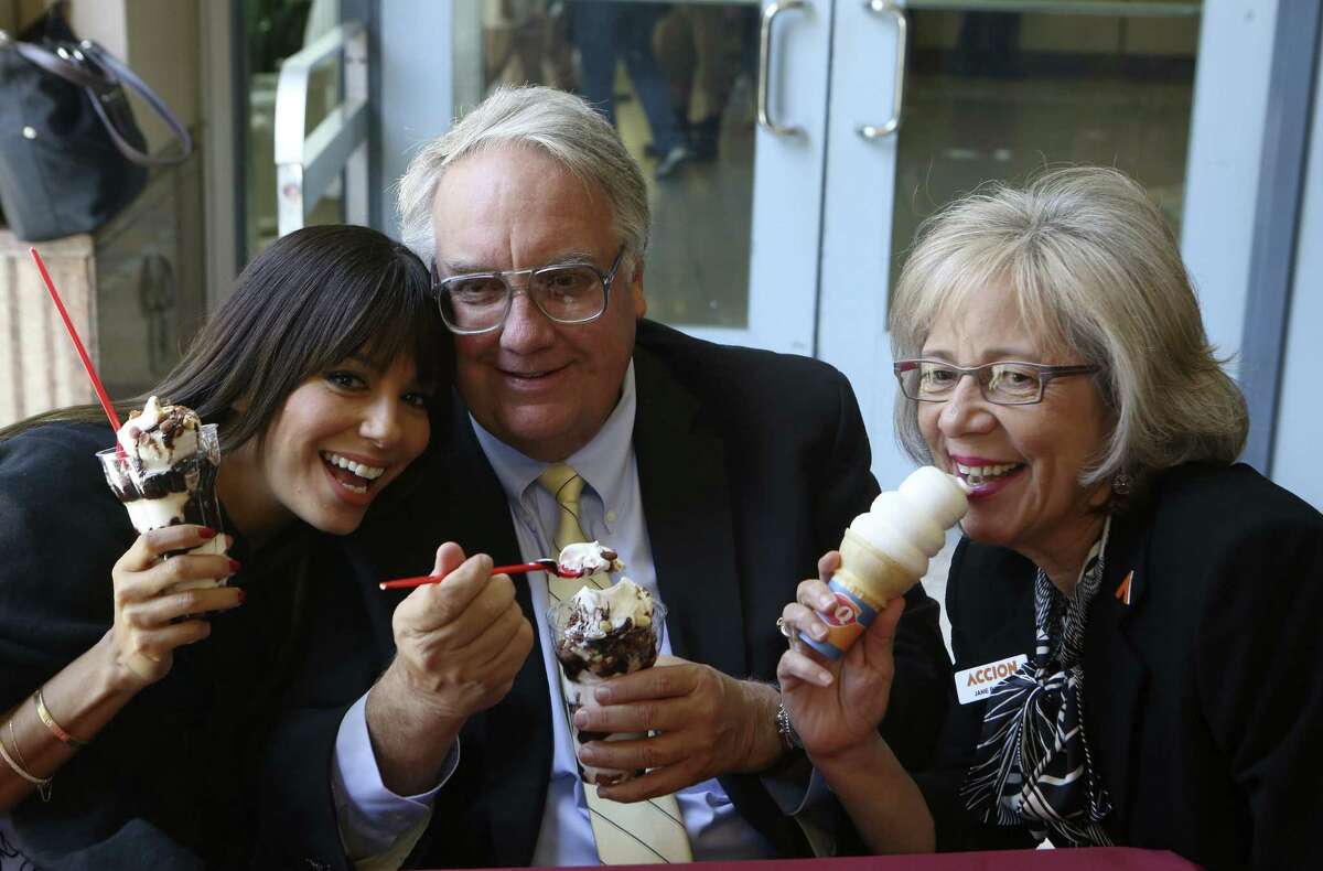 Eva Longoria, Howard Buffett and Accion Texas President CEO Janie Barrera go for ice cream at the Rivercenter Mall Dairy Queen.