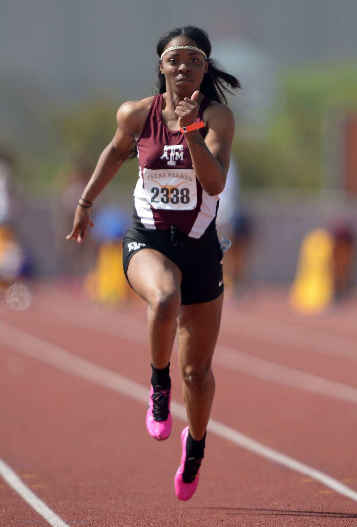 Mar 28, 2014; Austin, TX, USA; Ashton Purvis of Texas A&M runs 11.51 in a womens 100m heat in the 87th Clyde Littlefield Texas Relays at Mike A. Myers Stadium. Mandatory Credit: Kirby Lee-USA TODAY Sports