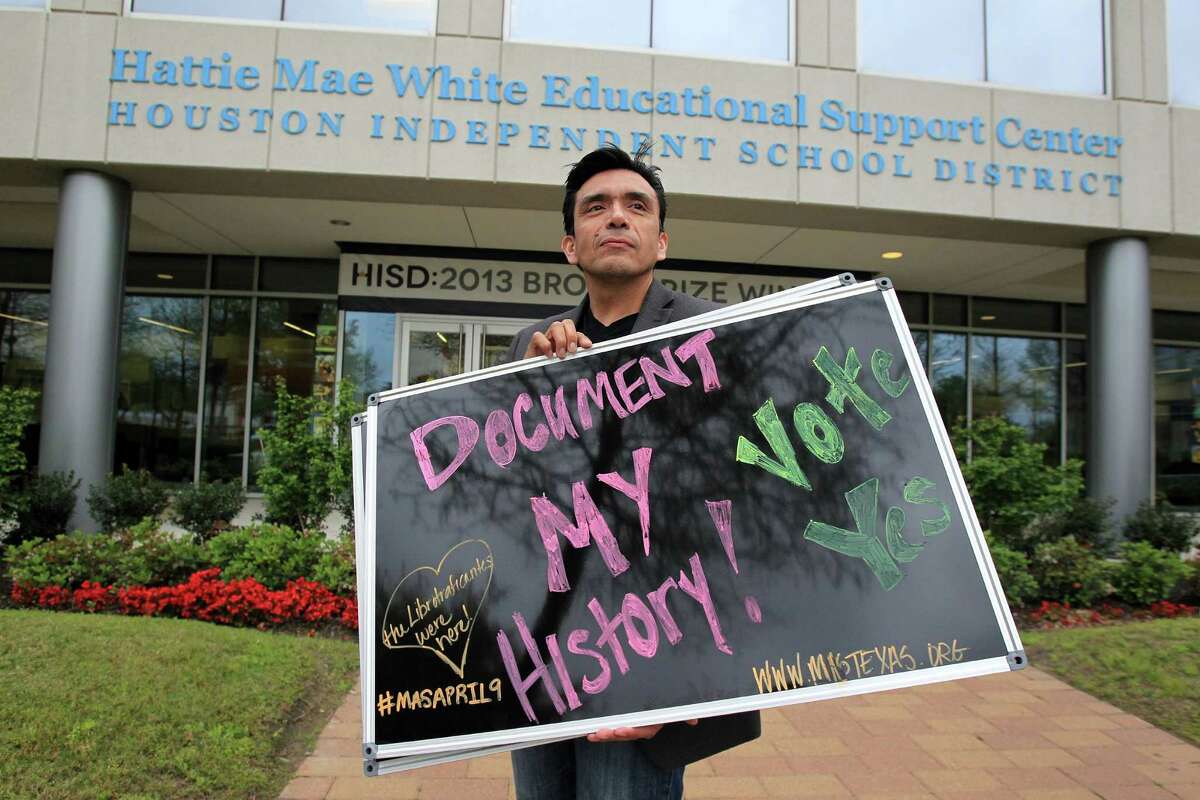 Tony Diaz stands outside an HISD board meeting Thursday before a vote supporting the development of state curriculum for a Mexican-American history class.