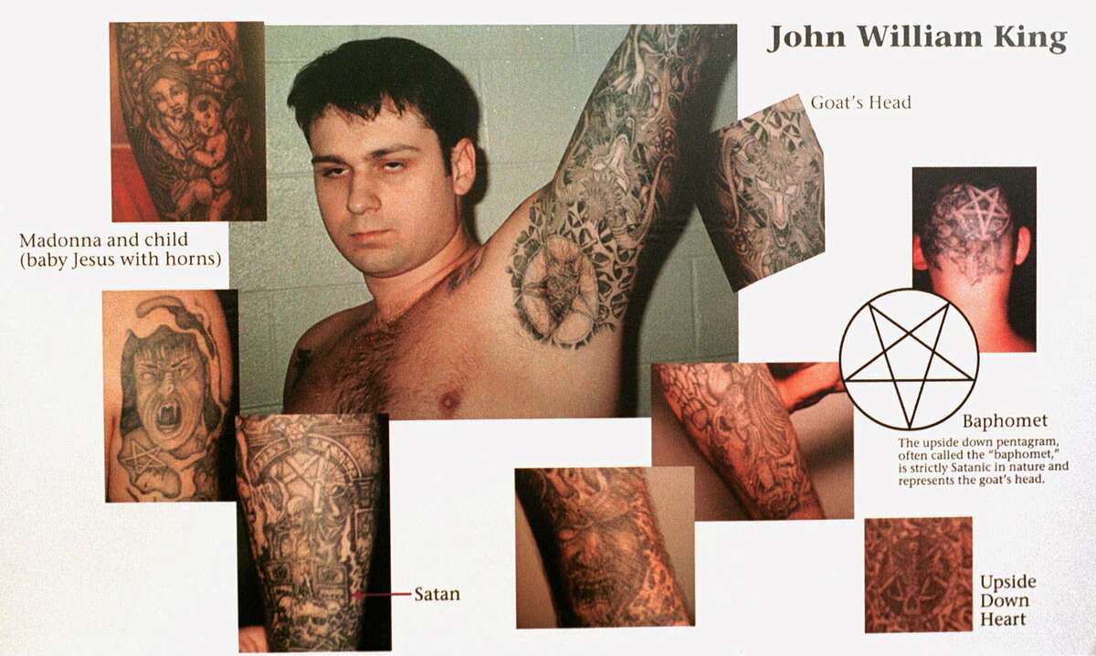This display was admitted as evidence Wednesday, Feb. 17, 1999 during the trial of John William King in Jasper, Texas. King is one of three white men charged with capital murder in the dragging death of James Byrd Jr. (AP Photo/Jasper County District Attorney, Pool) HOUCHRON CAPTION (02/28/1999): These displays showing photos of King's tattoos and Berry's truck were used by the prosecution during King's capital murder trial.