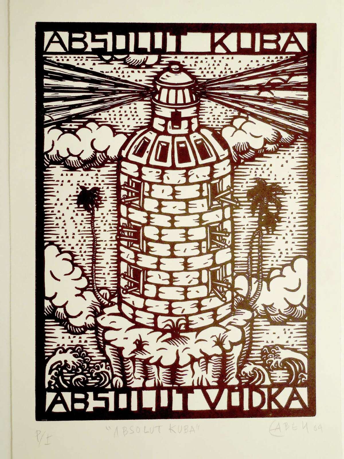 Eduardo Miguel Abela Torras, whose "Absolut Kuba," a linoleum cut, will be among the pieces on display at a new exhibiton at the Carriage Barn Arts Center, New Canaan, beginning April 24, describes Cuba as a "country isolated by geography and under embargo from its nearest neighbor for more than 50 years, yet determined to show its strength of character."