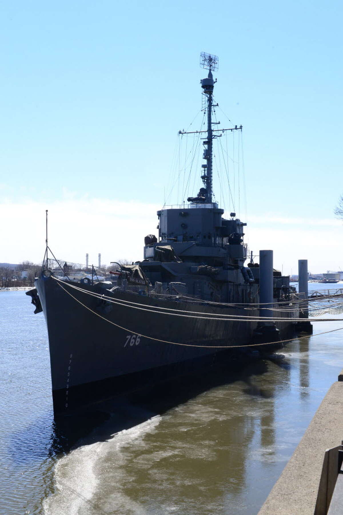 View of the USS Slater, March 17, 2014, at the ship's mooring dock on Broadway in Albany. The Slater was being prepared to travel to Staten Island to be put in drydock to undergo maintenance and repairs. (Will Waldron/Times Union archive)