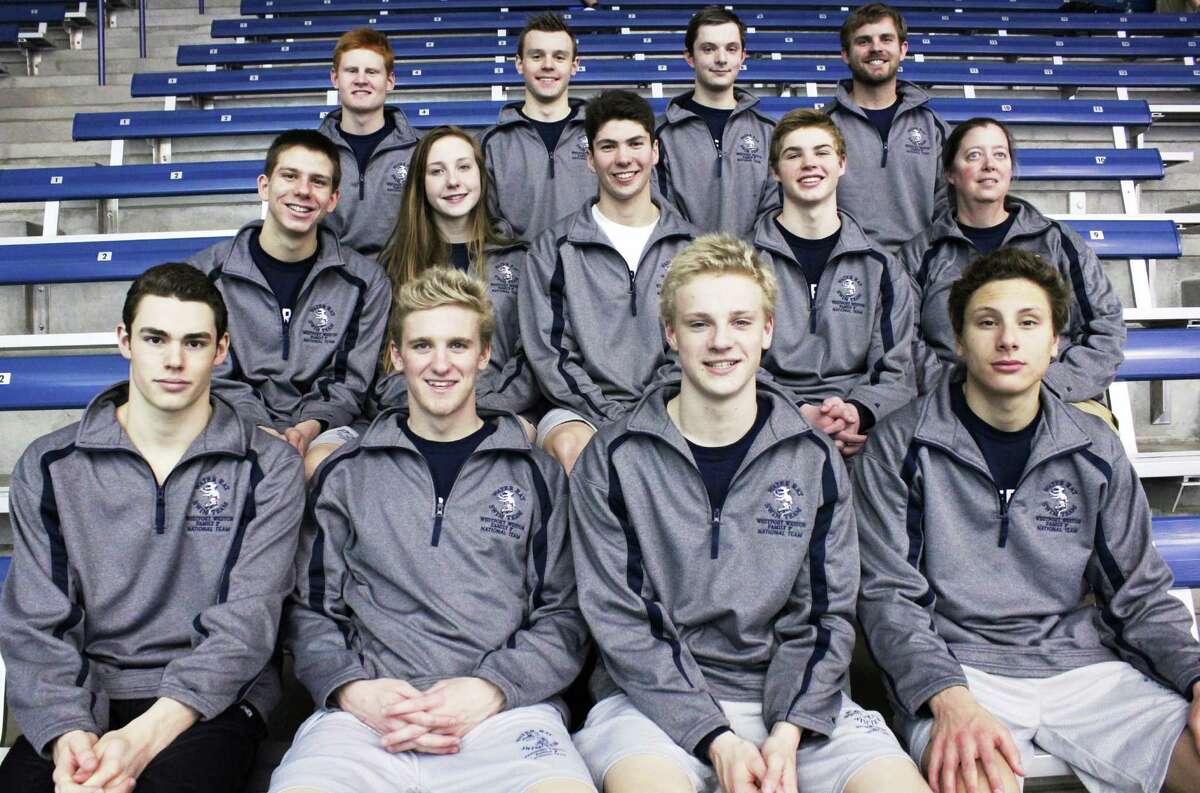 Westport Weston Family Y's 2014 Water Rat Y National Team: Front row (left to right): Justin Summers, Chris Mombello, Ethan Hunter, Michael Deluca. Middle row: Jake Hoin, Sarah Grinalds, Jonathan Blansfield, John Whiteside, Head Coach Ellen Johnston. Back row: Tommy Gannon, Bryce Keblish, Daniel Williams, and Assistant Coach Frisk Driscoll.