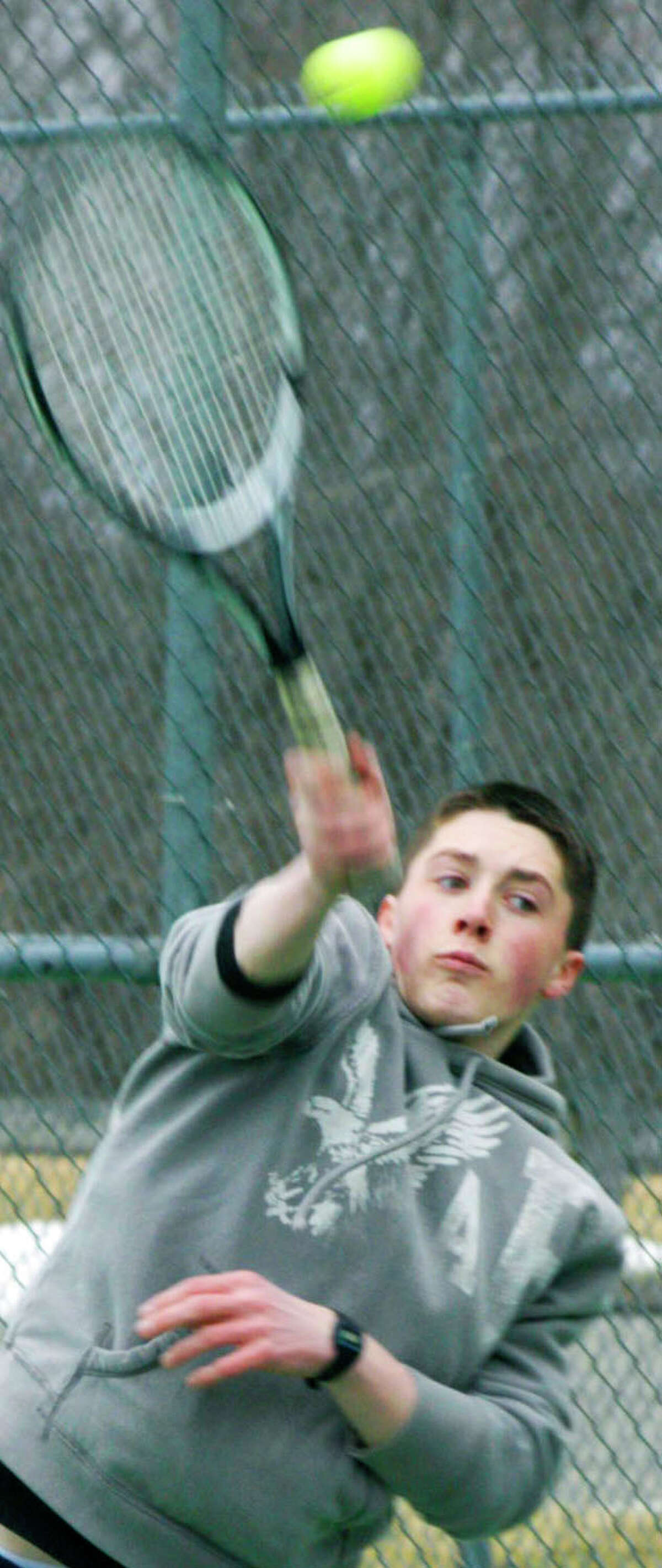 Jared Plourde of the Spartans works on his game that should play a key role for Shepaug Valley High School boys' tennis, April 2014