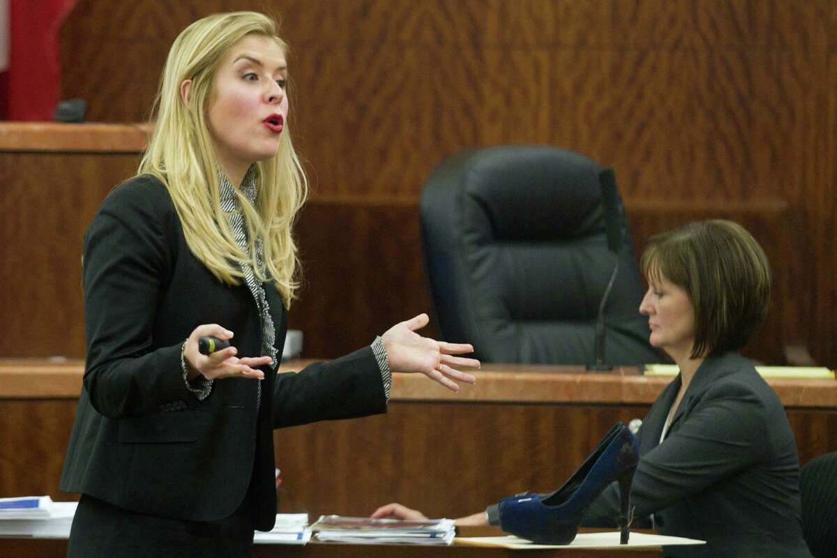 Prosecutor Sarah Mickelson gives her closing argument in the trail against Ana Lilia Trujillo Tuesday, April 8, 2014, in Houston. Trujillo, 45, is charged with murder, accused of killing her 59-year-old boyfriend, Alf Stefan Andersson with the heel of a stiletto shoe, at his Museum District high-rise condominium in June 2013.