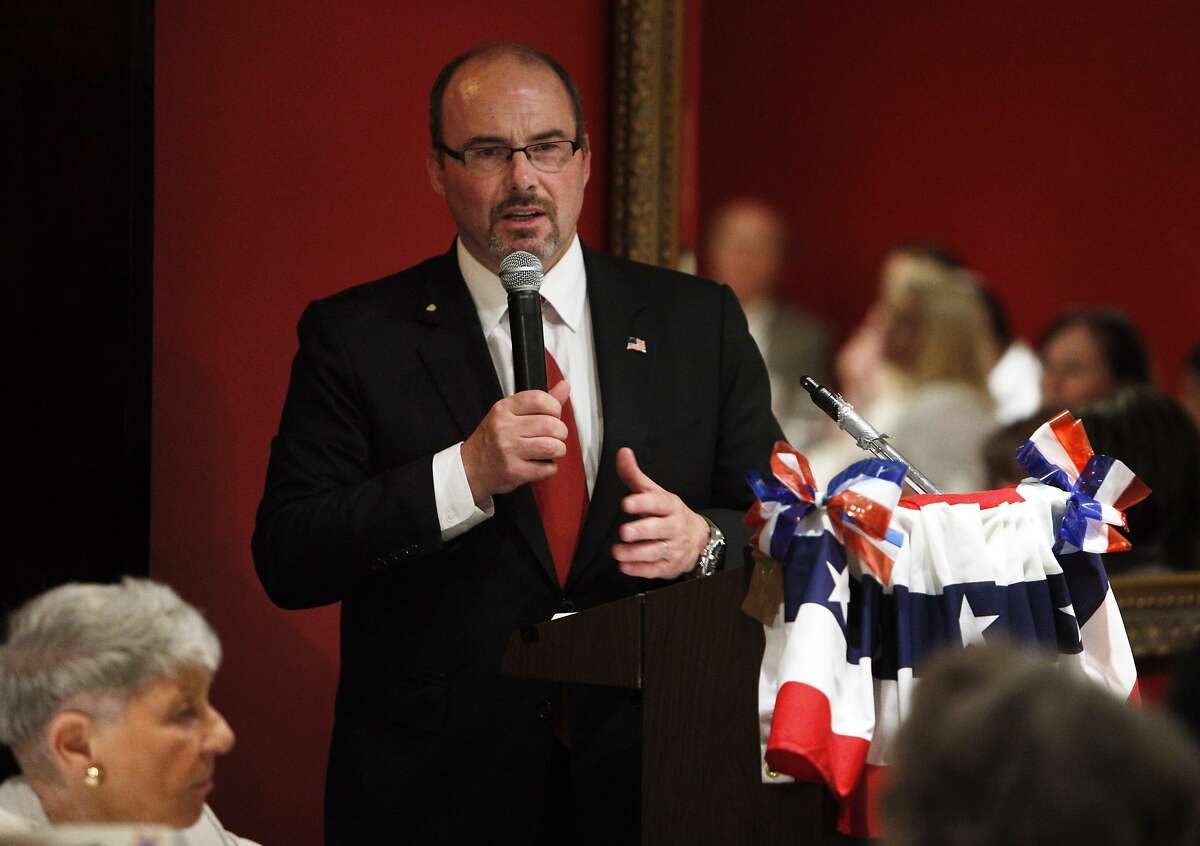 California State Assemblyman Tim Donnelly, who will be running for governor, speaks to the crowd at a gathering of the Nob Hill Republican Women's Club in San Francisco, Calif., on Tuesday, April 8, 2014.