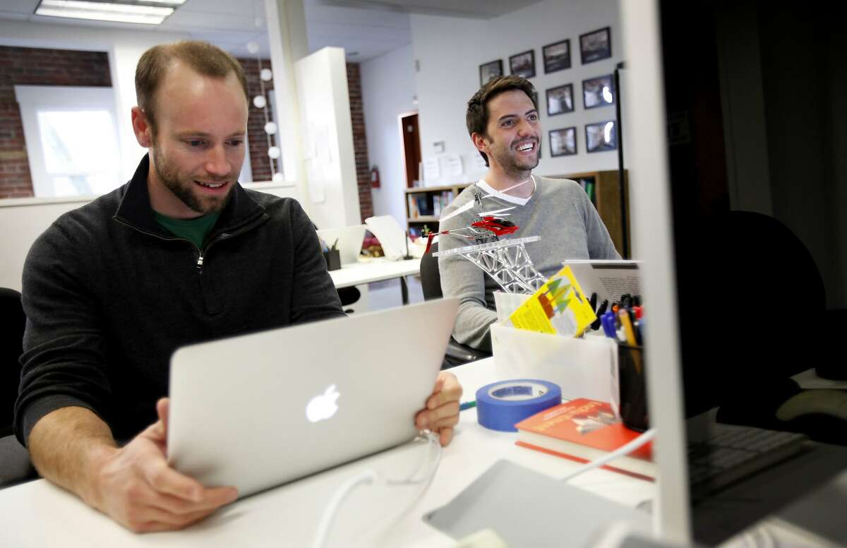 Omada Health co-founders Adrian James, left, and Sean Duffy work at their current offices at RockHealth, a healthcare startup incubator in San Francisco, Calif., Tuesday, November 22, 2011.