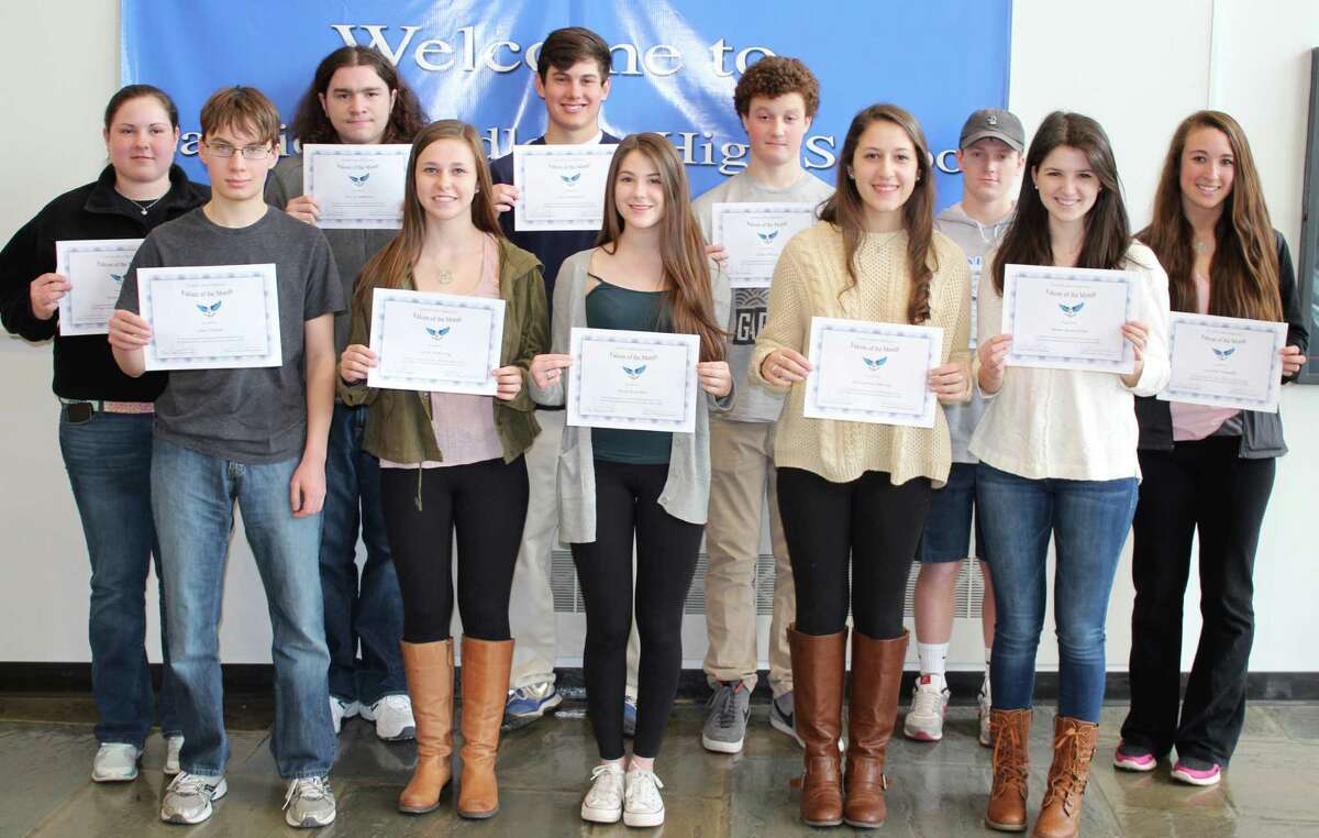FALCONS OF THE MONTH Thirteen Fairfield Ludlowe High School students have been cited as Falcons of the Month for March. During that month, the school said, the students pursued different interests and explored new ideas to find their niches. Displaying their citations are, from left, Brenna Martini, Jake Haney, Alex DíAmbrosio, Carlee Pickering, Cole Carnemark, Heidi Grascher, Calder McCay, Alexandra Amicone, John Miller, Emma Greenwood and Caroline Pangallo. Nick Santandrea and Katherine Cardenas also were cited but were absent when the photo was taken.
