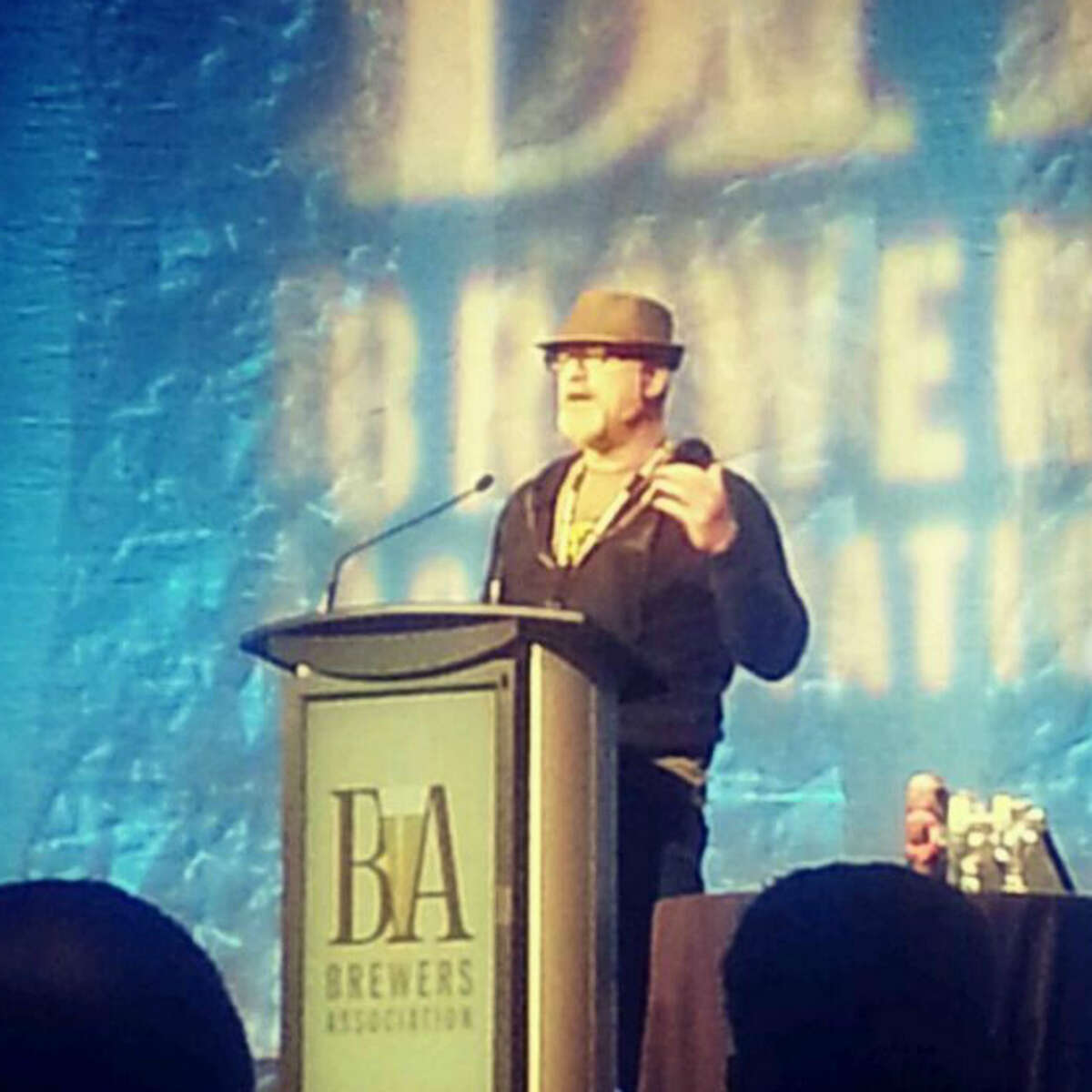 Ron Extract of Austin-based Jester King Brewery accepts the F.X. Matt Defense of the Small Brewing Industry Award for 2014 from the Brewers Association at the 2014 Craft Brewers Conference in Denver, Colo., on April 9, 2014.