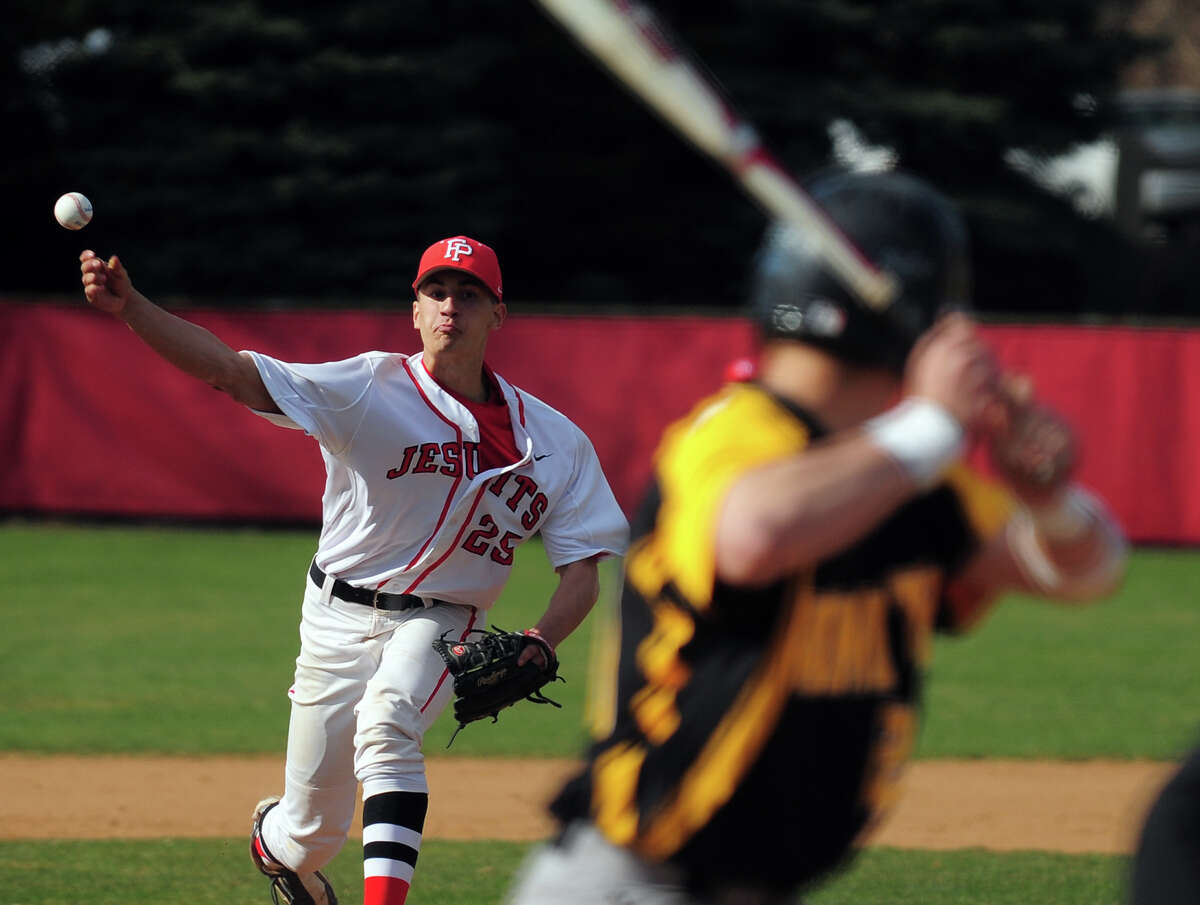 Fairfield Prep pitcher Kevin Stone, during opening day baseball action against Amity at Fairfield University in Fairfield, Conn. on Wednesday April 9, 2014.