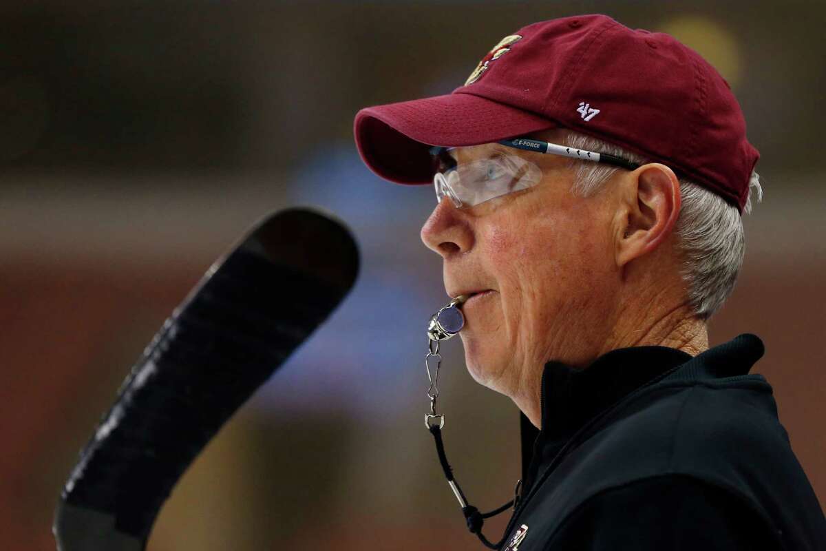 Boston College head coach Jerry York says "it never becomes easier waiting for those (COVID) results to come back." BC will face Notre Dame on Saturday, March 27, 2021, in the NCAA hockey regional at Times Union Center. (AP Photo/Matt Rourke) ORG XMIT: PXC110
