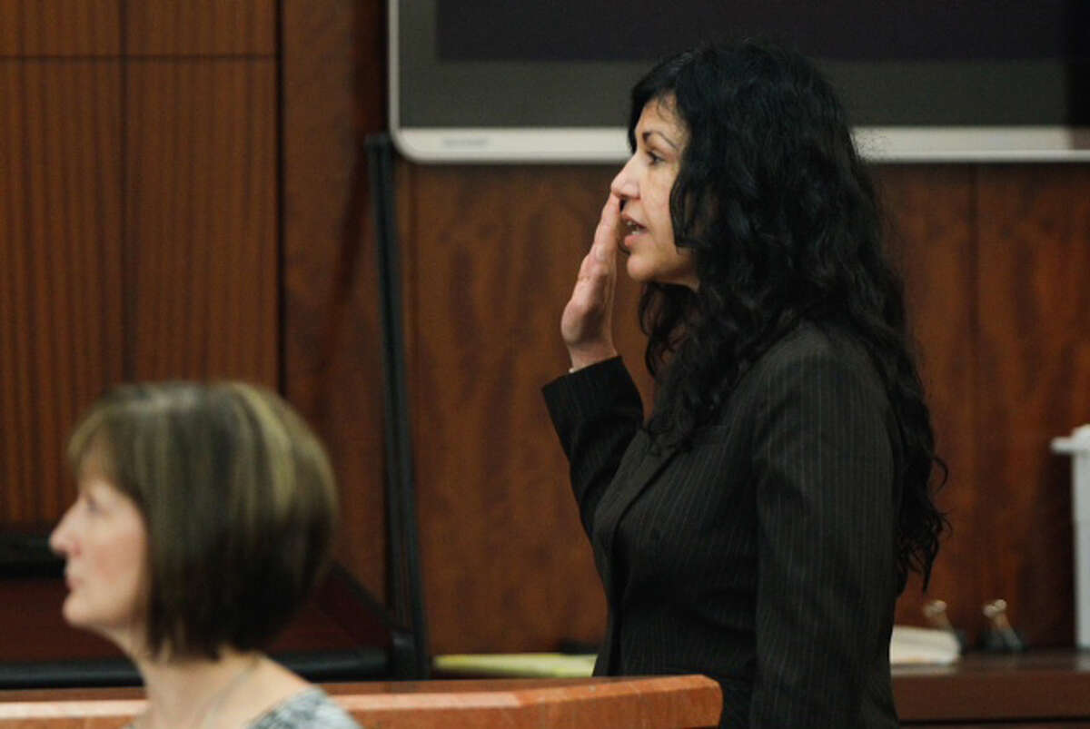 Convicted killer Ana Trujillo is sworn in to testify in the punishment phase of her trial Wednesday, April 9, 2014, in Houston. Trujillo was convicted in the brutal 2013 slaying of her boyfriend, Alf Stefan Andersson, using a 5-inch stiletto shoe. ( Brett Coomer / Houston Chronicle )