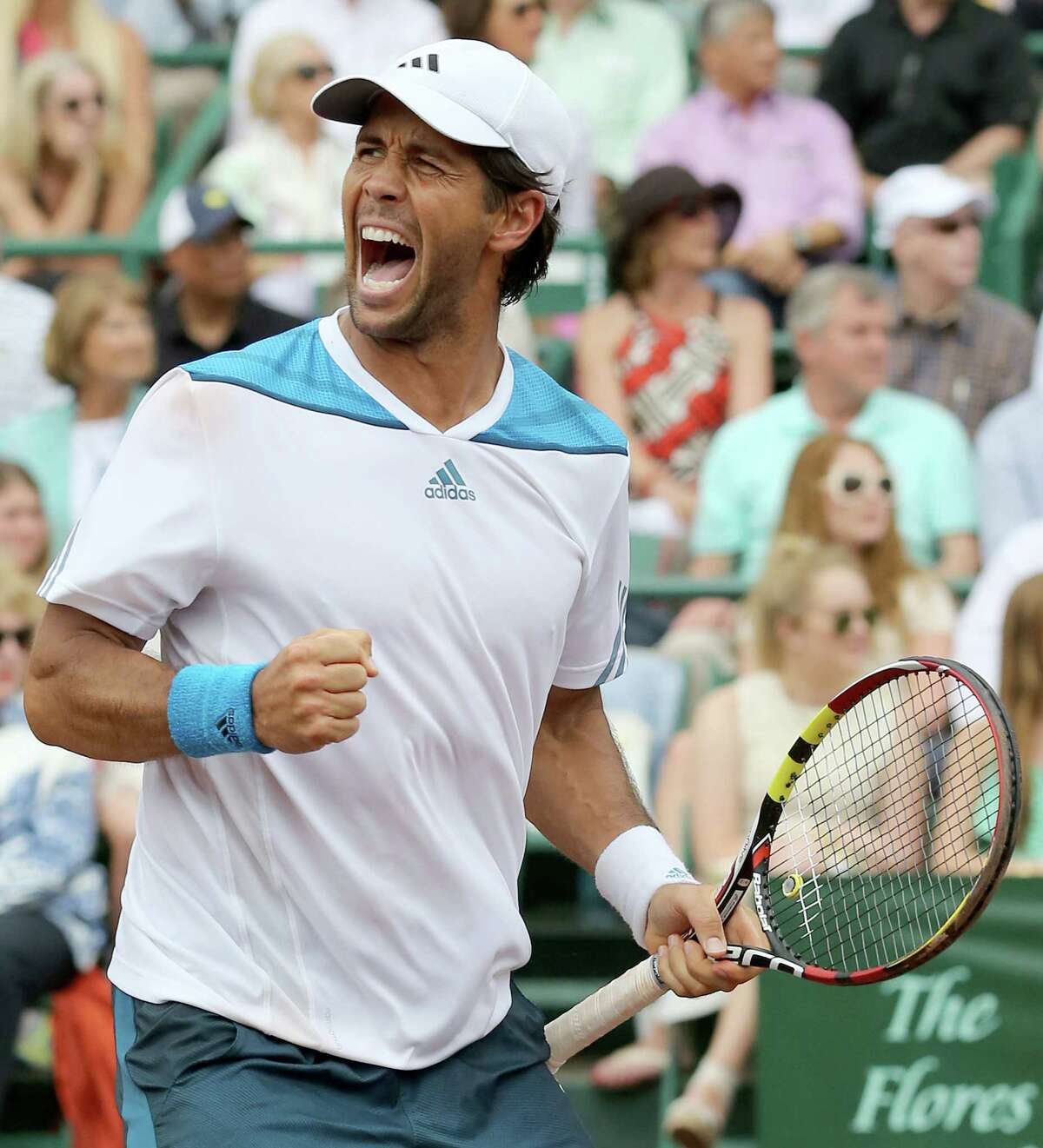Fernando Verdasco (ESP) celebrates after defeating Nicolas Almagro (ESP) ) 6-3, 76 in the singles finals on April 13, 2014 at the U.S. Men's Clay Court Championship at River Oaks in Houston, TX. .