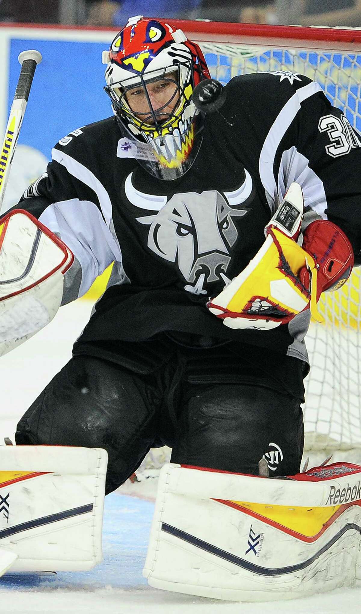 Rampage goaltender Scott Clemmensen makes a save during the overtime period against the Texas Stars. He had 40 saves in the game.