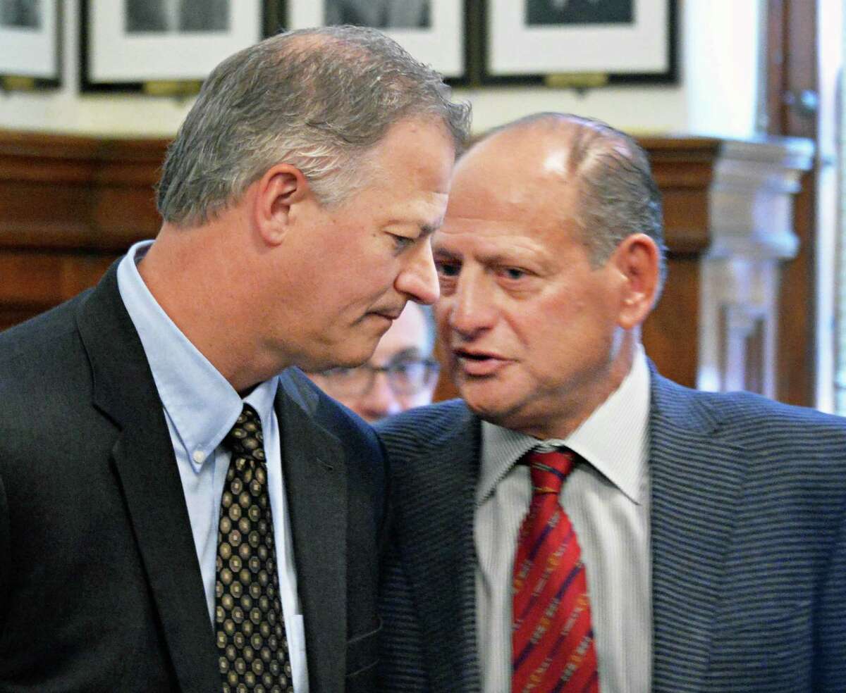 John Signor, left, President of Capital District OTB and casino developer David Flaum during a briefing of the Albany Common Council on an Albany-based casino and resort at Exit 23 of the Thruway Friday, March 21, 2014, in Albany, N.Y. (John Carl D'Annibale / Times Union)