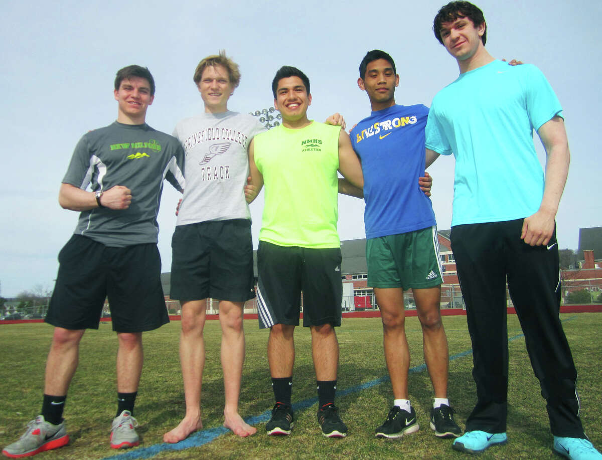 Among the Green Wave leaders for the 2014 New Milford High School boys' track season are, from left to right, Ryan Grenier, Zach Guptill, Jason Santivanez, Billy Som and Ryan Haydu. Absent is Hugh Sichel. April 2014