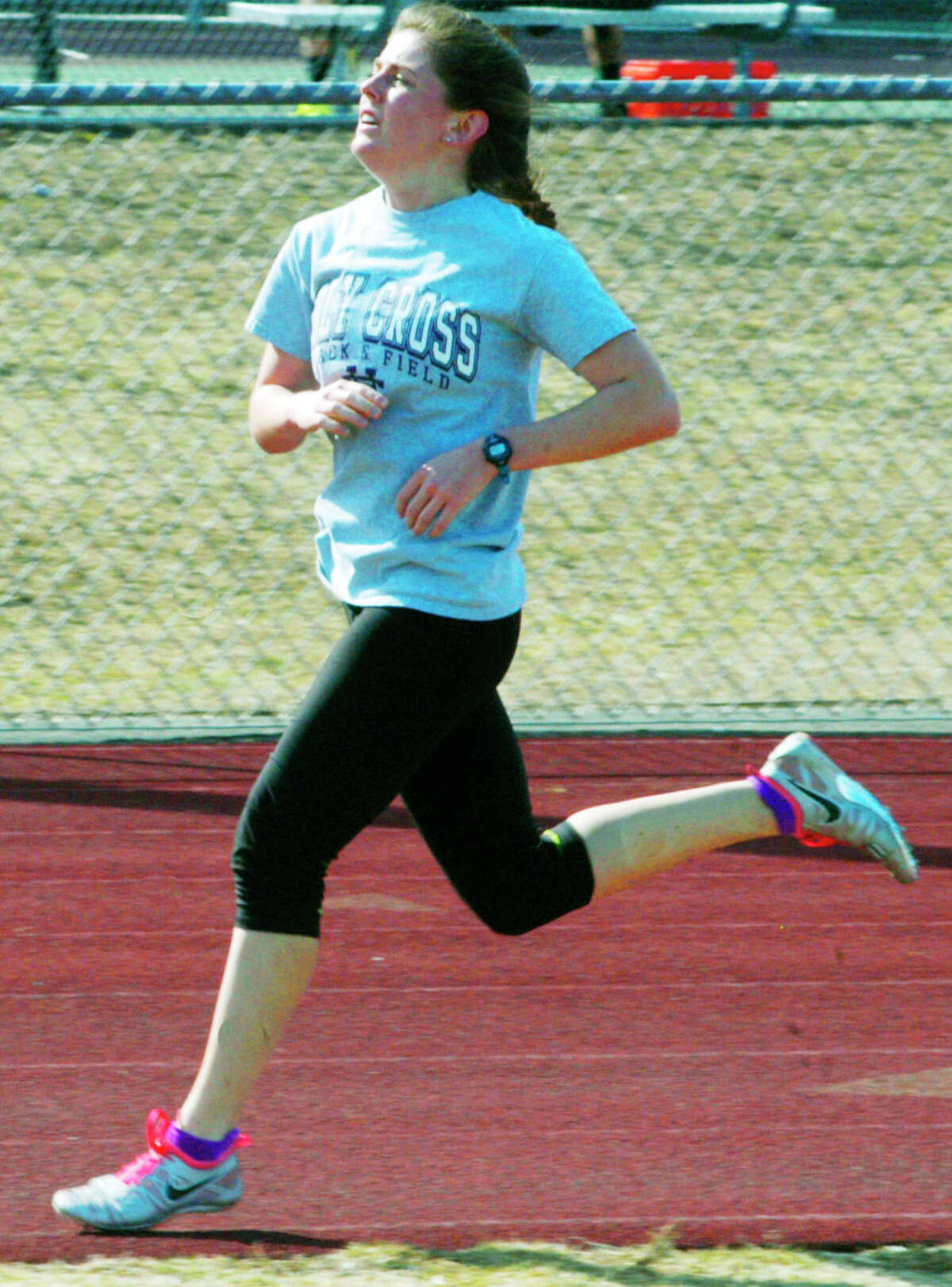 State-class middle distance runner Meghan Dietter preps for the New Milford High School girls' track season. April 2014