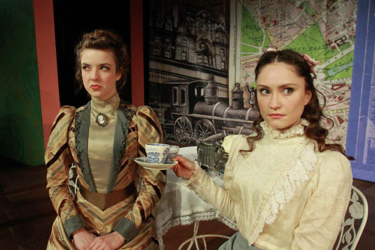 (For the Chronicle/Gary Fountain, April 8, 2014) Lindsay Ehrhardt as Gwendolyn, left, and Emily Neves as Cecily, in this scene from Classical Theatre Company's production of Oscar Wilde's classic comedy of manners, "The Importance of Being Earnest."
