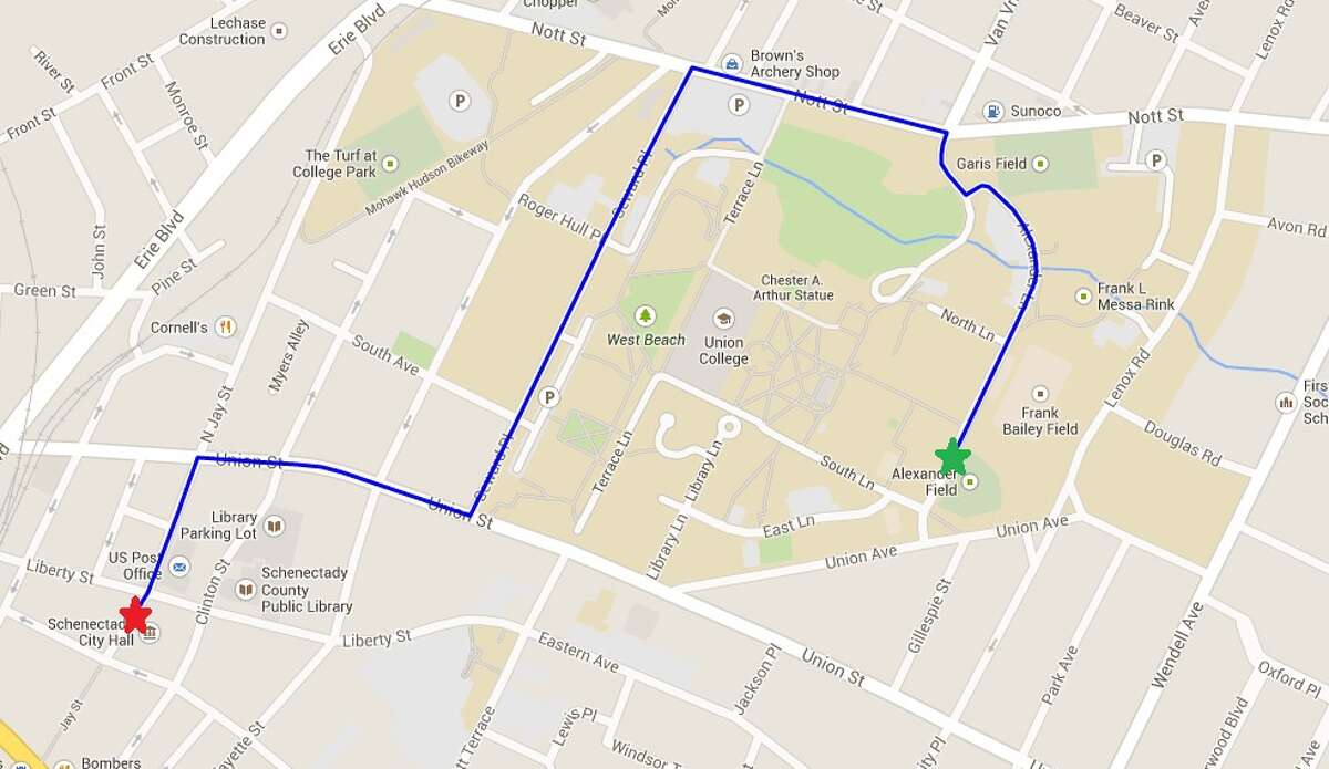 The parade route for Thursday's parade in Schenectady to honor the Union College hockey team, winner of this year's Frozen Four tournament. (Ed Lewi Associates)