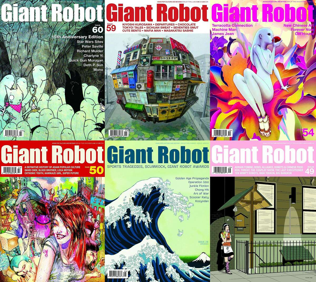 Giant Robot magazine covers; issue 60 by Deth P. Sun; issue 59 by Masatasku Sashie; issue 54 by James Jean; issue 50 by David Choe; issue 28 by kozyndan; issue 49 by Adrian Tomine