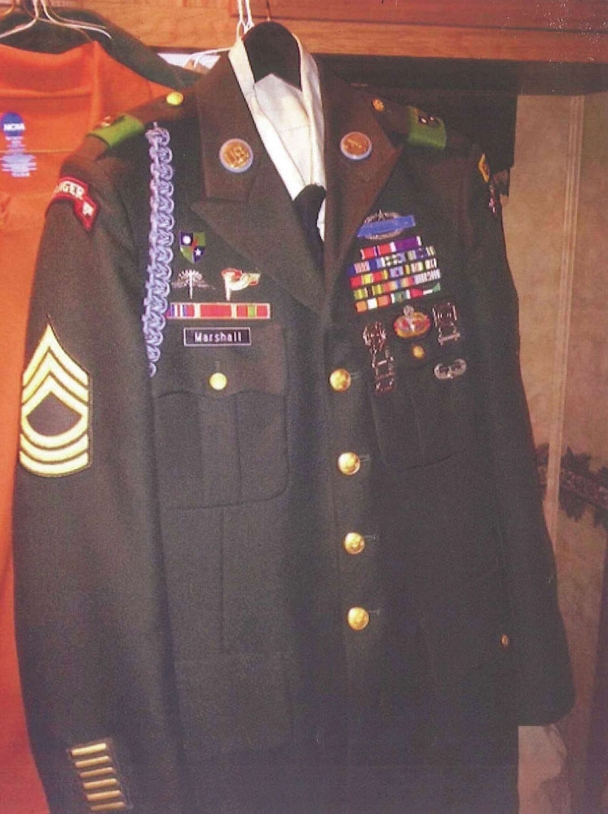 Photo of a uniform allegedly used by Daniel Lee Marshall, Jr. to portray himself as an Army Ranger, entered into evidence in a bond hearing held in the U.S. District Court in the Southern District of Texas on April 17.