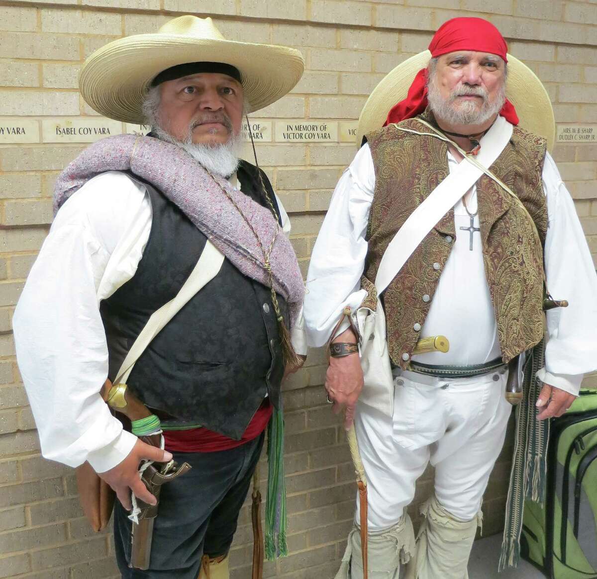Retired steelworkers Tony Tristan and Jerry Tubbs are longtime San Jacinto Battle re-enactors.