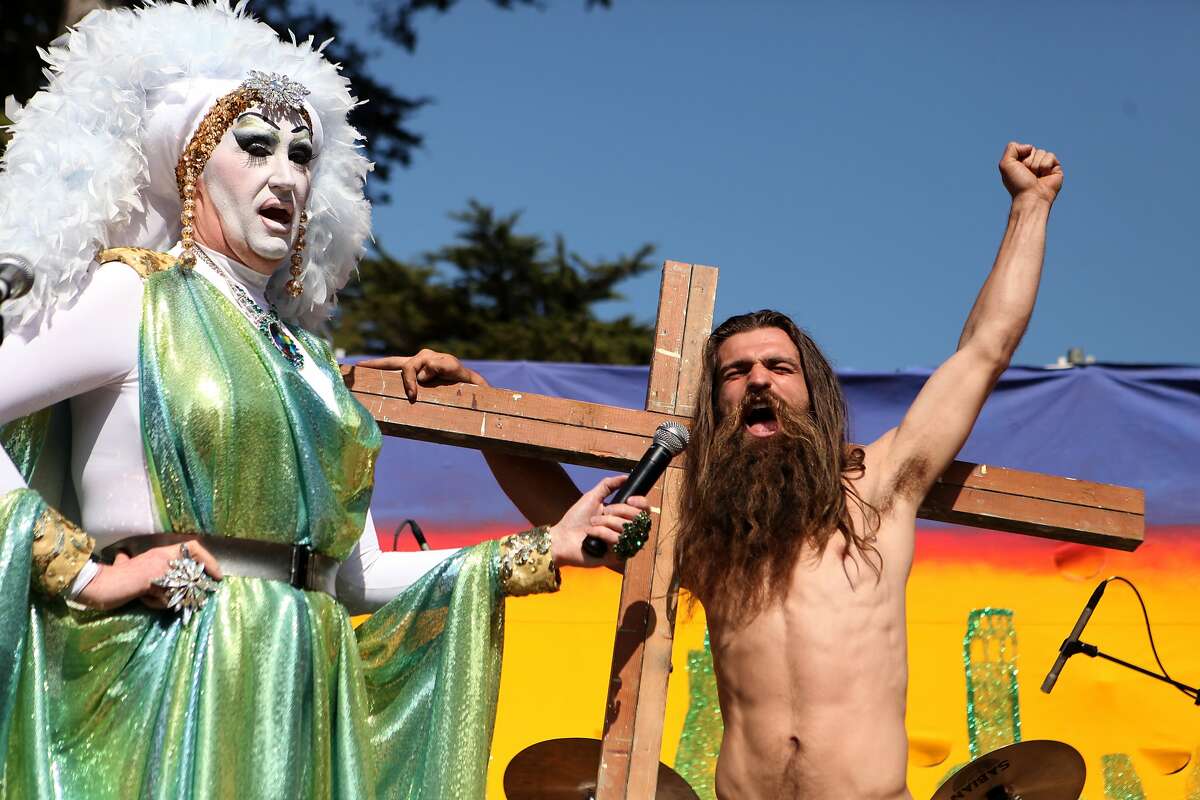 Sister Roma introduces a contender during the Hunky Jesus contest held at the 35th annual Easter Celebration put on by the Sisters of Perpetual Indulgence in Golden Gate Park, San Francisco, Calif. on April 20, 2014.