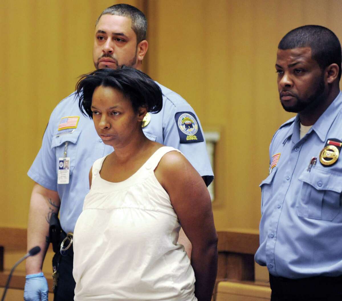 Suspect Yolanda McDowell, 45, of Durant St., Stamford is arraigned on Monday April 21, 2014 at state superior court in Stamford, Conn in last night's hit-and-run that killed a 70-year-old woman.Victim was mother of SPD 2002 Officer of the Year Angel Gonzales.