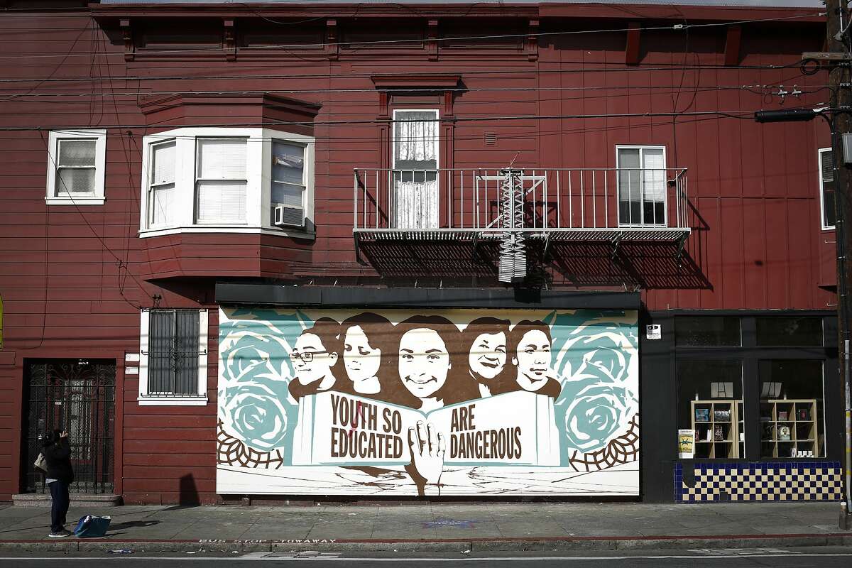 A mural outside Galeria de la Raza's Studio 24 titiled, "Youth So Educated Are Dangerous," by Jessica Sabogal in collaboration with the CARECEN's Youth Leadership Cohort is seen on Friday, March 28, 2014 in San Francisco, Calif.