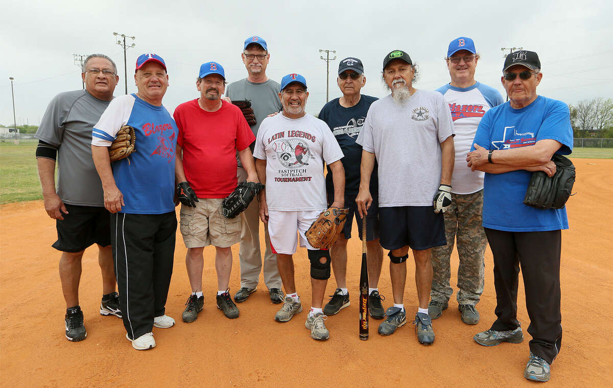 The 2014 San Antonio Blazers, all 65-and-over, pose for a team photo at Normoyle Park, 700 Culberson. Left to right: Willie Flores, Tomas Rivera, Robert DuBovy, Bill Cheatham, Emit (correct spelling) Castellon, Al Sanchez, Severo Campos, Michael Bigler and Abdon Marmolejo.
