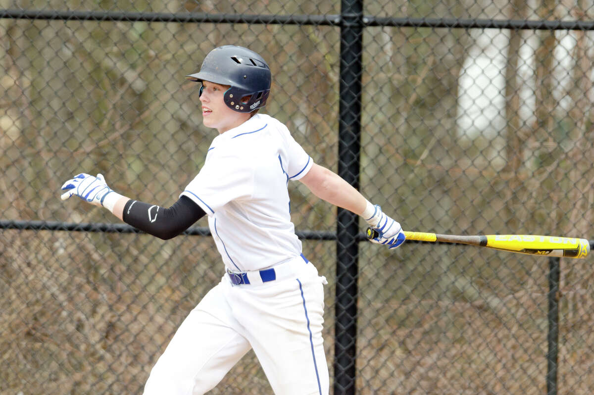Darien's Daly Hebert stands at bat during a Blue Wave baseball game against Fairfield Ludlowe at Darien High School on Monday, April 14.