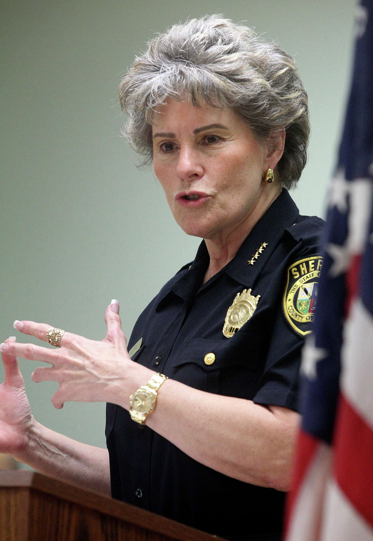 Sheriff Susan Pamerleau speaks before presenting sixteen employees of the Bexar County Jail with their professional certification designation from the American Correctional Association on April 22, 2014.