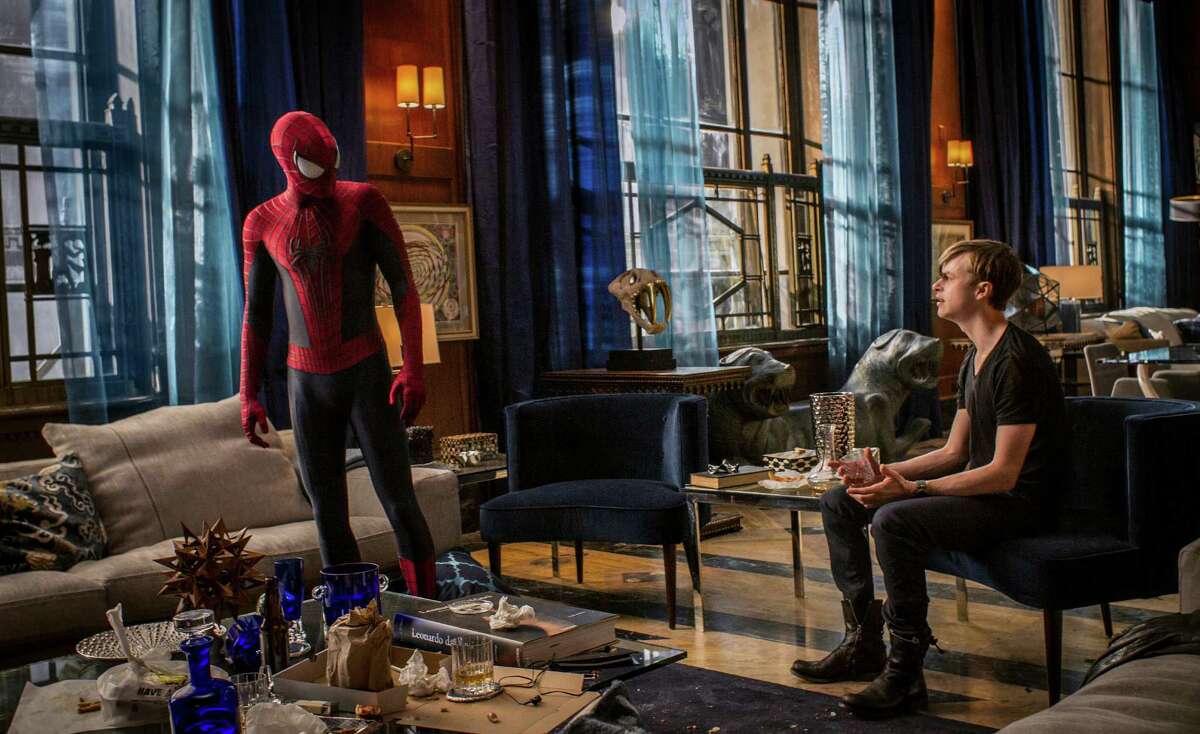 This image released by Sony Pictures shows Andrew Garfield and Dane DeHaan in "The Amazing Spider-Man 2."