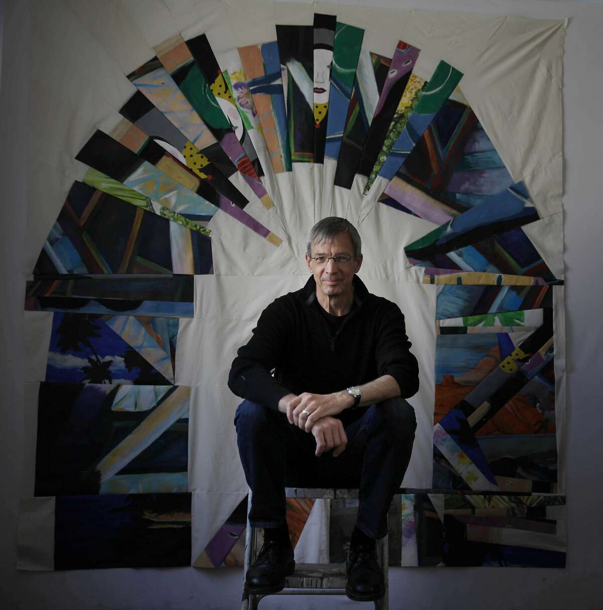 Joe Cunningham, a quilter, poses for a portrait with one of his quilt's "The Imperial Arch of Harriet Powers", a work in progress, made with pieces of paintings on canvas in his studio on Friday, April 18, 2014 in San Francisco, Calif.