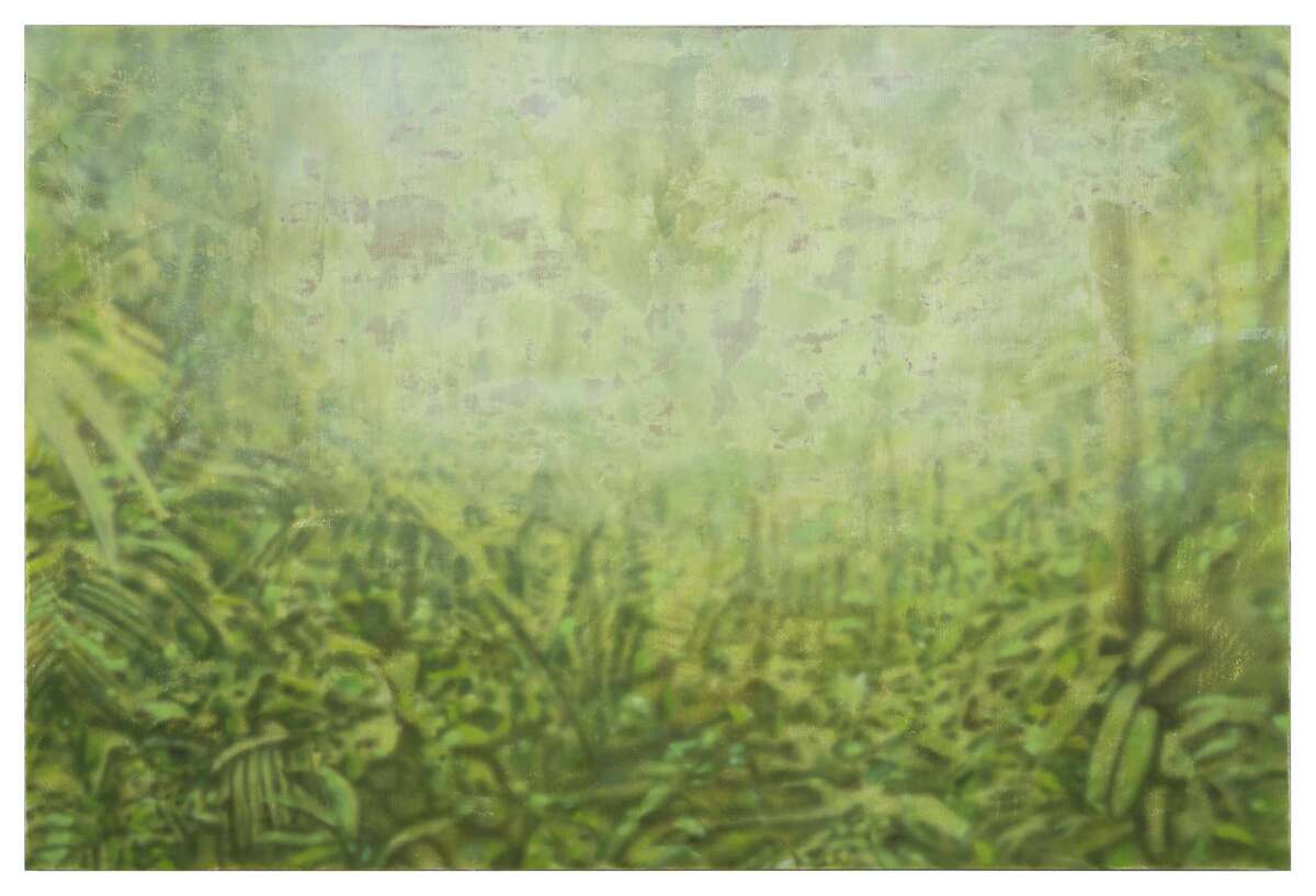 Melanie Smith's "Selva VI" (2013, acrylic enamel and encaustic on wood) is among works on view in "Melanie Smith: Green is the Colour" at Sicardi Gallery through May 3.