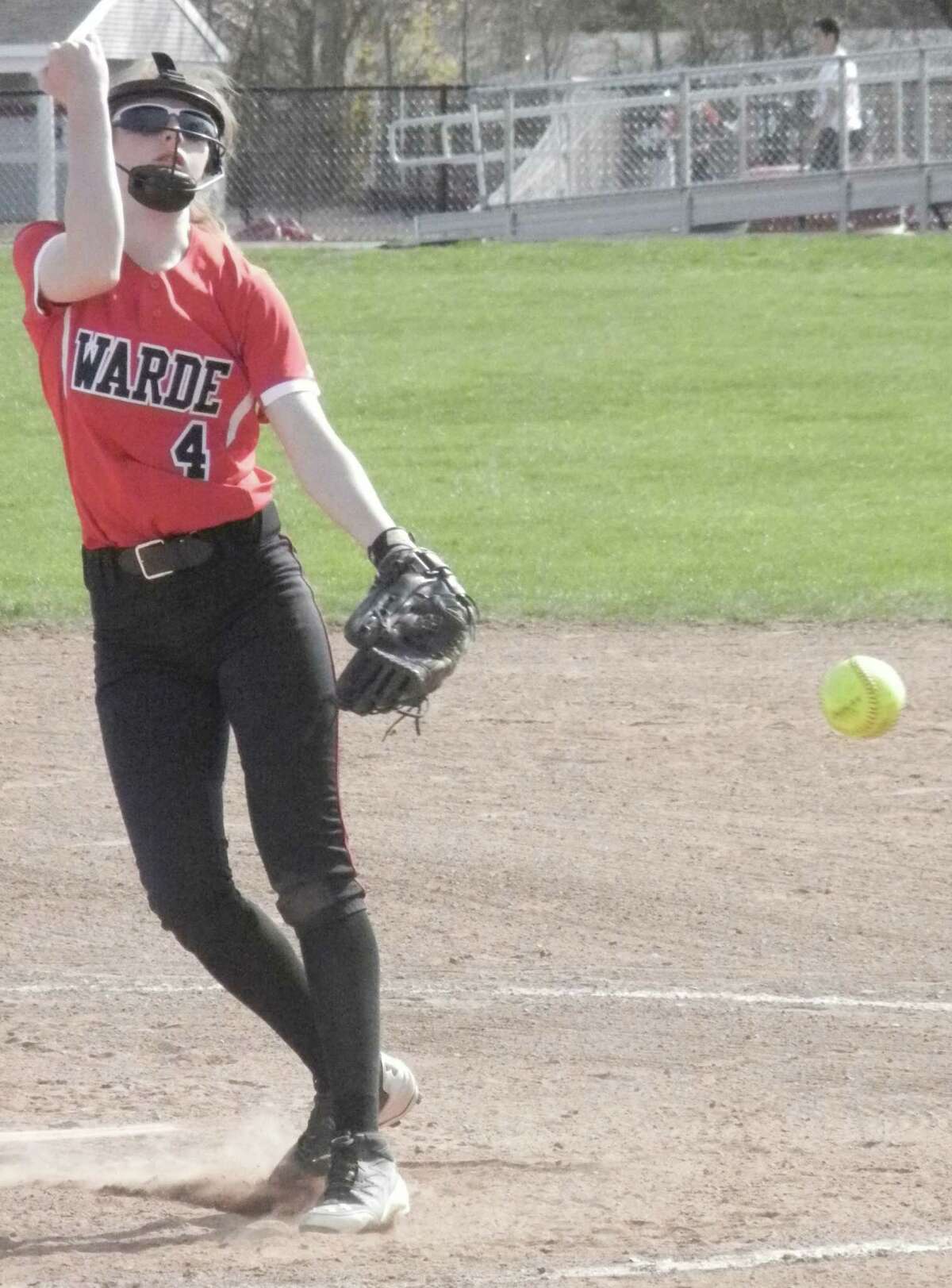 Fairfield Warde sophomore pitcher Gabriella Natoli gave up four hits on Friday, April 25 in the Mustangs' 1-0 win over Staples in an FCIAC softball game in Fairfield.