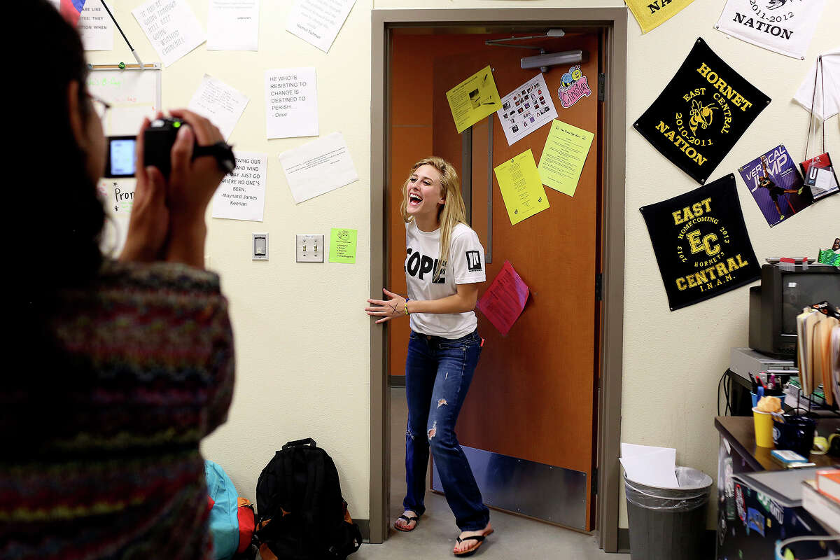 Laura Narvaez, 18, left, films a scene with the help of Lindsay Hamer, 17, during Narvaez's audio/video production class at East Central High School on Wednesday, April 23, 2014.