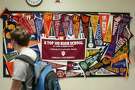 College pennants line the hallway of the Michael E. DeBakey High School for Health Professions. The school is consistently listed as Houston's top high school as well as being recognized across the country.