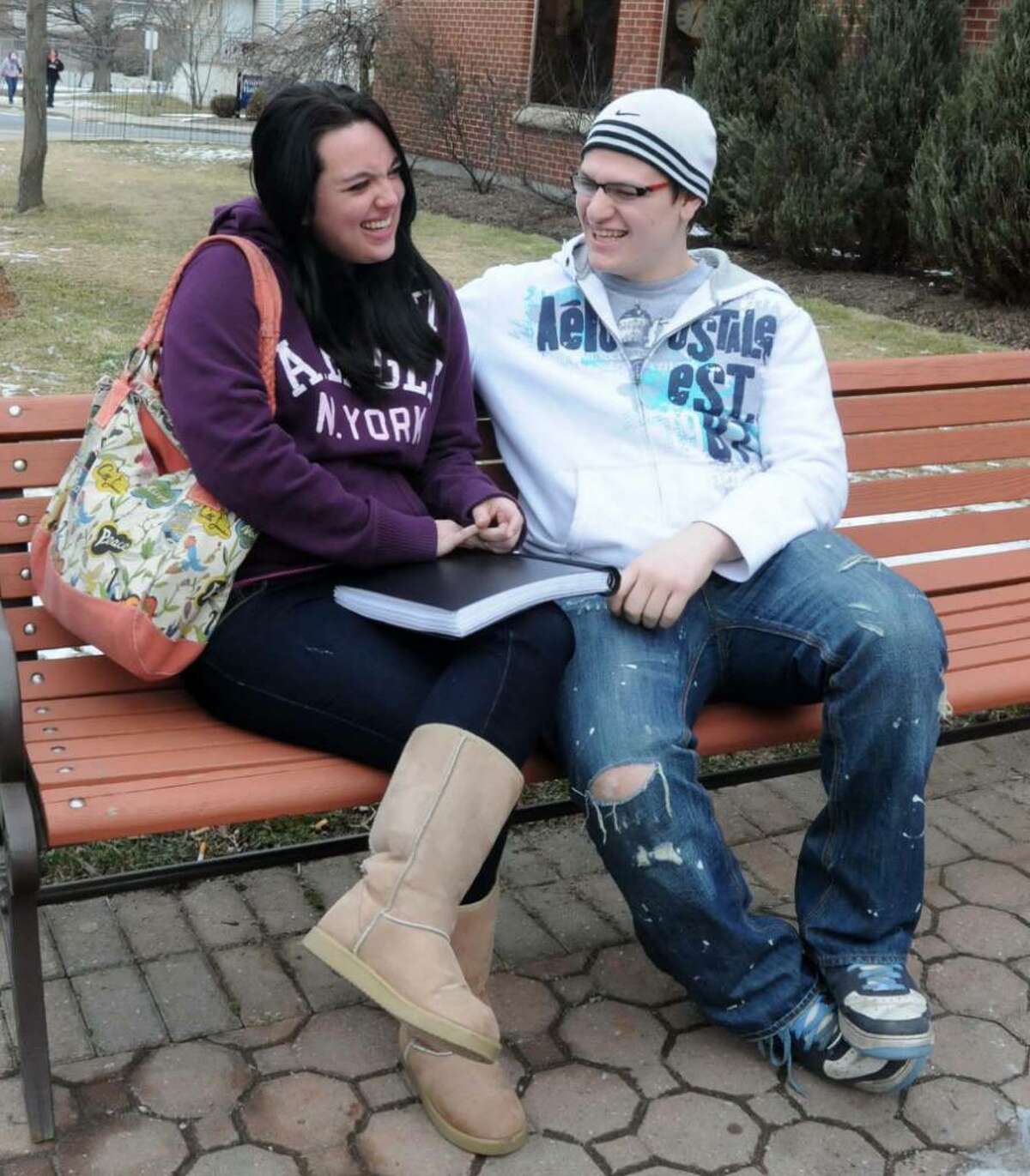 Alysha Cloutier, left, 19 of Danbury, and her boyfriend of almost a year, Mark Santaromita, 18, of Danbury spend time together after Cloutier is finished with her classes for the day on Tuesday, Feb. 2, 2010. Cloutier is a student at Western Connecticut State University in Danbury.