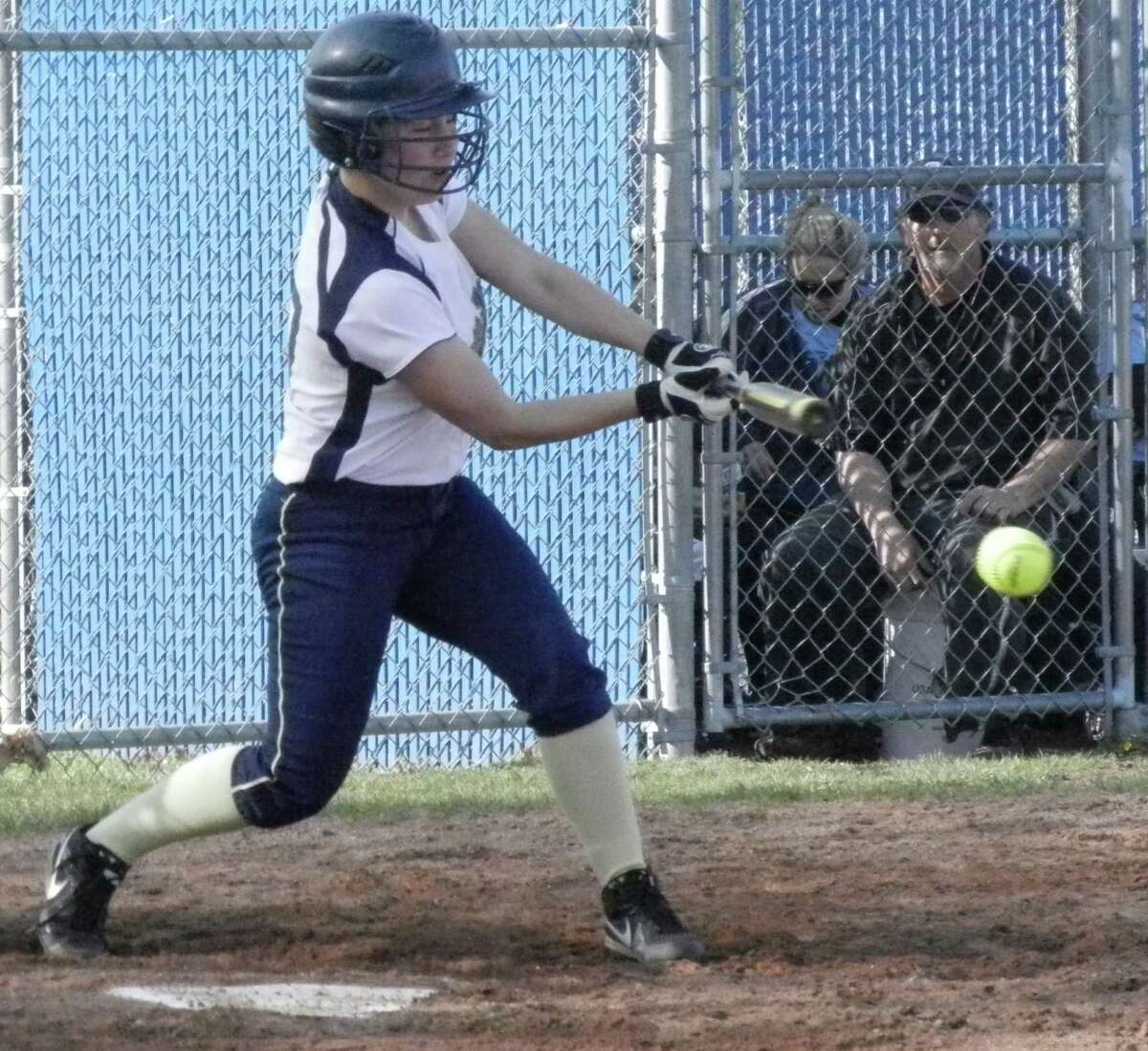 Notre Dame junior right fielder Jeanna Emanuel grounds back to the pitcher on Monday, April 28 in an SWC Patriot Division softball game in Fairfield. Oxford beat the Lancers 5-1 on a one-hitter by pitcher Ashley Guillette, who had a perfect game against Notre Dame in 2013.