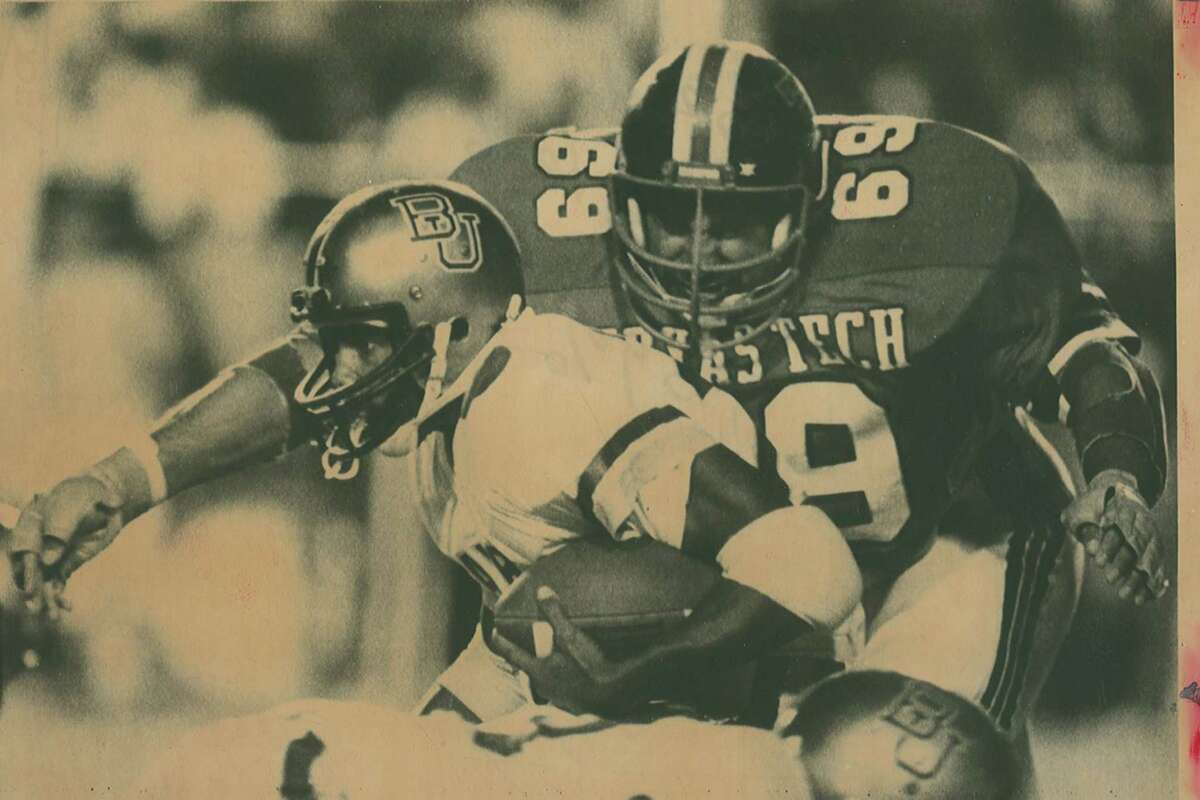 In the first round of the NFL draft Texas Tech defensive tackle Gabe Rivera was the 21st pick by the Pittsburgh Steelers. Rivera is shown in this 1982 file photo bearing down on Baylor fullback Robert Williams. (EN file photo)