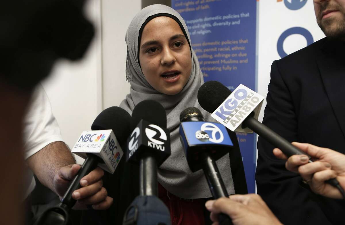 13-year-old Noorah Abdo talks with the media during a press conference at the offices of the Council on American-Islamic Relations in Santa Clara, on Tuesday April 29, 2014, about being denied a ride on the go-karts because she was wearing headwear. United Sikhs is demanding a policy change from amusement park Boomers! to allow followers of the Sikh religion, Muslim and other faiths to wear their required religious headwear while riding the park's go-karts.