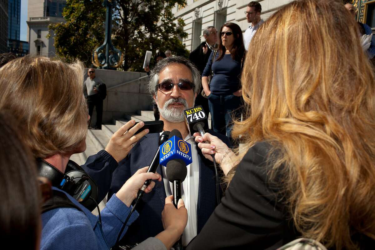 Aaron Peskin, former member of San Francisco Board of Supervisors, speaks to reporters during a press conference at City Hall on Tuesday, April 29, 2014. Groups representing tenants, landlords, hotel workers, neighborhood organizations and the hospitality industry spoke against legislation introduced by Supervisor David Chiu to legalize short term rentals of residential property across San Francisco. Opponents to the legislation say that it will exacerbate the housing crisis.