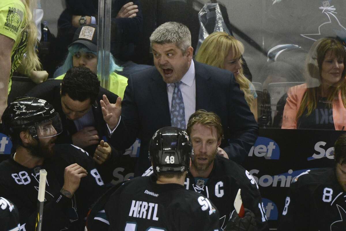 San Jose Sharks head coach Todd McLellan instructs against the Los Angeles Kings during the third period in game seven of the first round of the 2014 Stanley Cup Playoffs at SAP Center at San Jose. The Kings defeated the Sharks 5-1.
