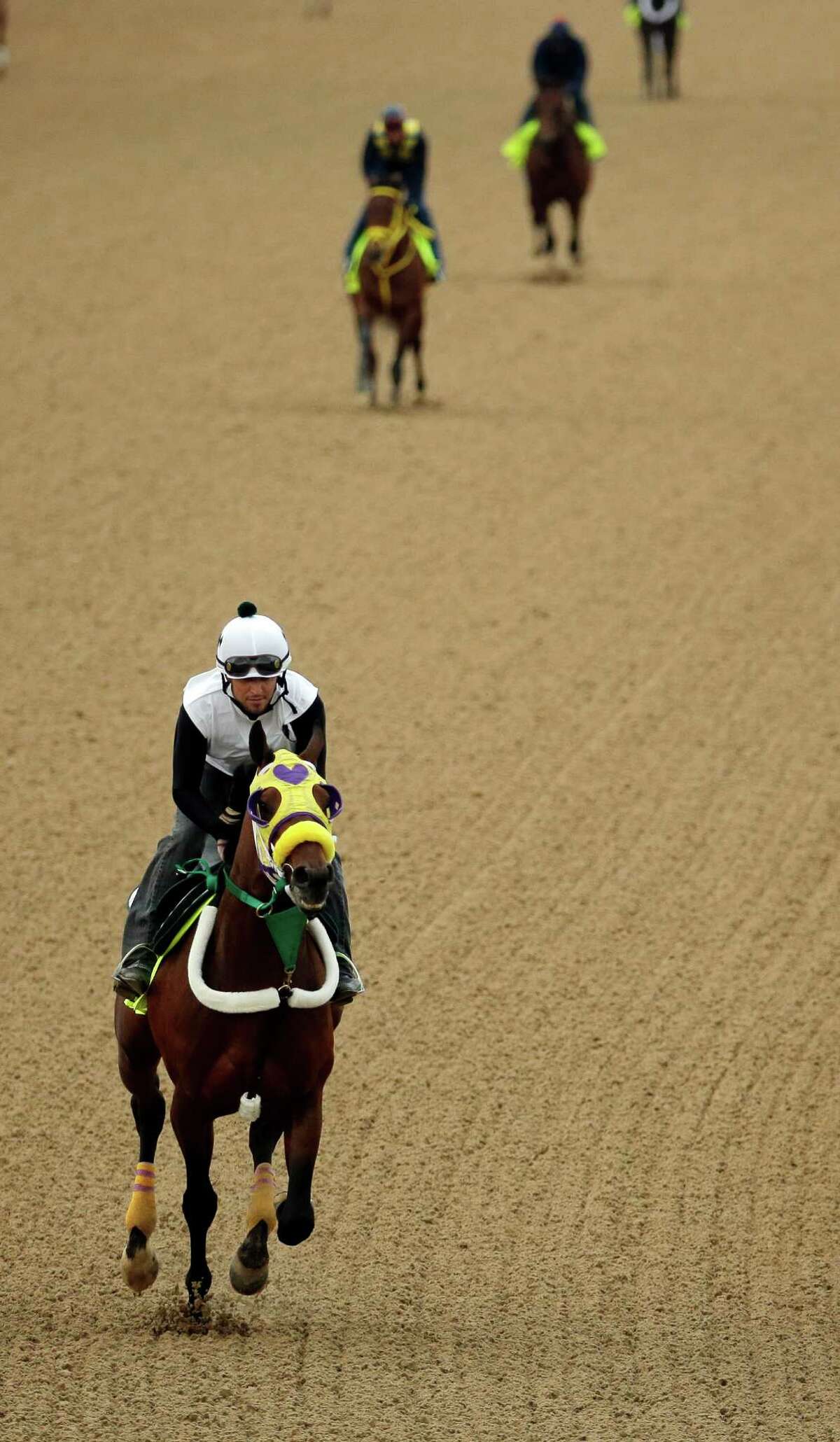 Exercise rider Benito Alvarado takes Kentucky Derby hopeful Uncle Sigh for a morning workout at Churchill Downs Wednesday, April 30, 2014, in Louisville, Ky. (AP Photo/Charlie Riedel) ORG XMIT: DBY127
