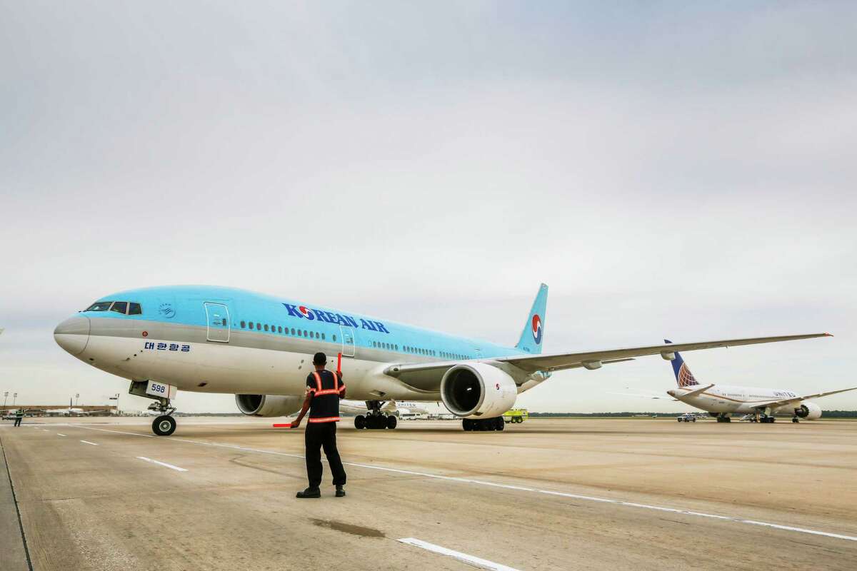 The inaugural Korean Air direct flight to and from Seoul, South Korea, taxis to the gate, May 2, 2014 in Houston at George Bush Intercontinental Airport. Korean Air held a ceremony to celebrate the inaugural daily flight between Houston and Seoul, South Korea at Bush Intercontinental. (Eric Kayne/For the Chronicle)