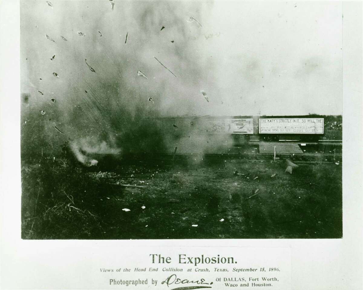 Top photo: 'The Trains Just as They Struck" Bottom photo: The Explosion" --The Crash at Crush, near West, Texas in 1896. Attracted between 40,000 and 50,00 people and injured the photographer, Jervis Dean. For Native Texan 0504. (Photo credit: The Texas Collection) text text text test test text